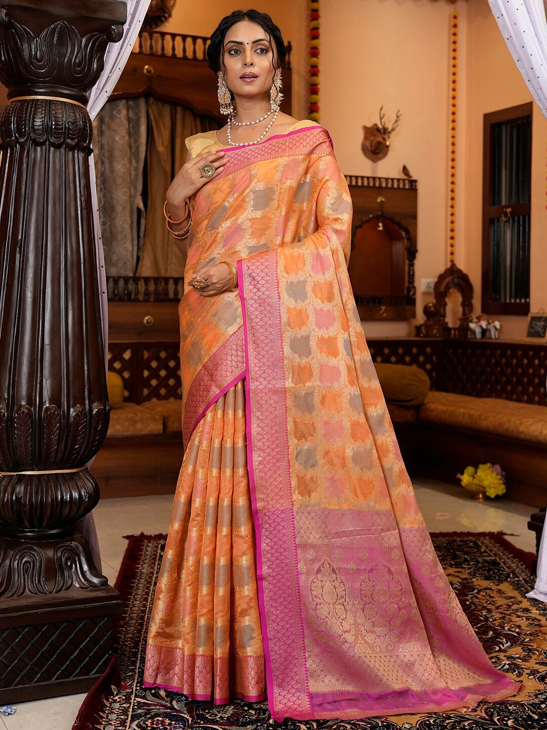 

Satrani Orange & Pink Ethnic Motif Woven Design Zari Banarasi Saree