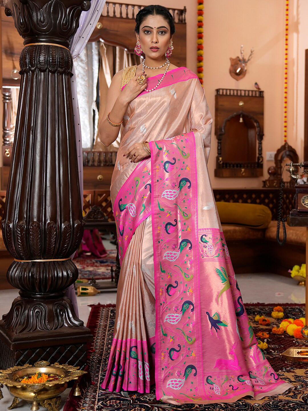 

Satrani Ethnic Motif Art Silk Banarasi Zari Saree With Blouse Piece, Brown