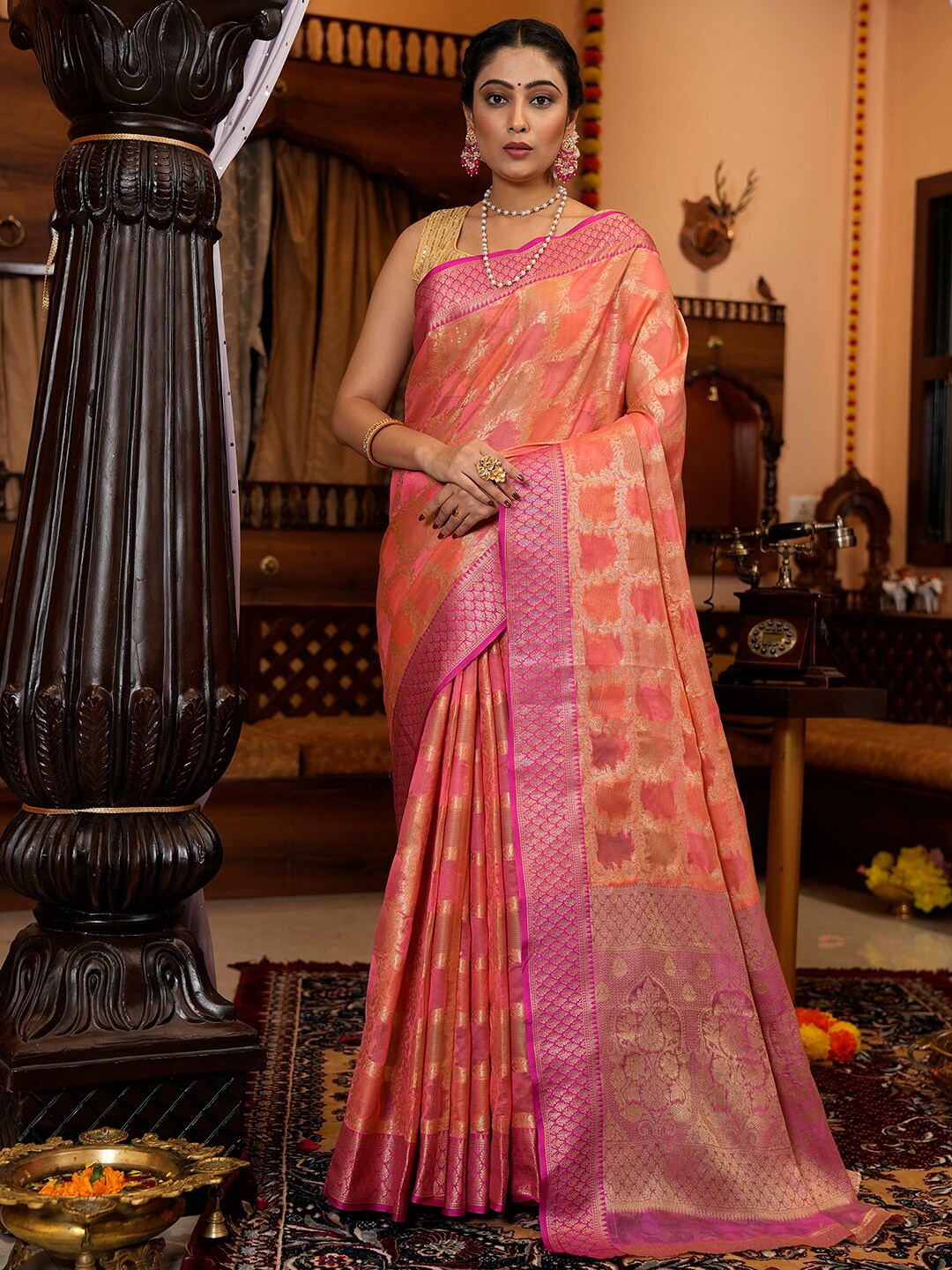 

Satrani Pink & Orange Floral Woven Design Zari Banarasi Saree