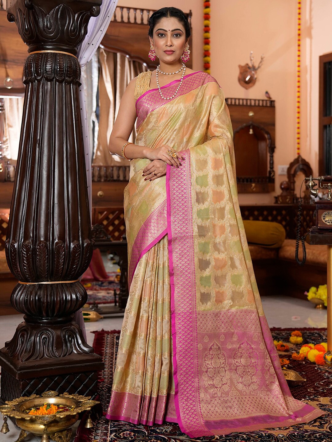 

Satrani Beige & Pink Woven Design Zari Banarasi Saree