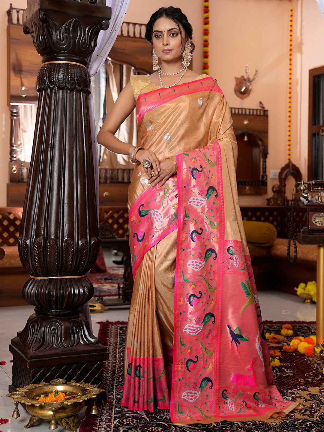 

Satrani Brown & Pink Ethnic Motifs Woven Design Zari Banarasi Saree
