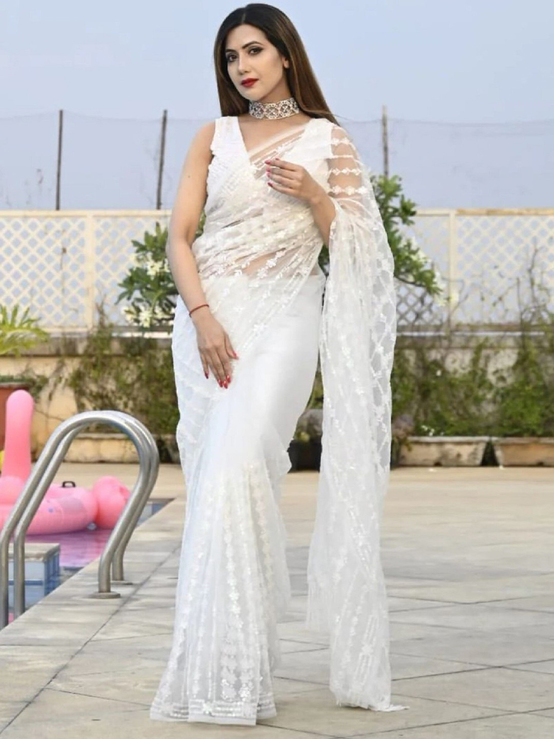 

Mitera White Embroidered Net Designer Saree