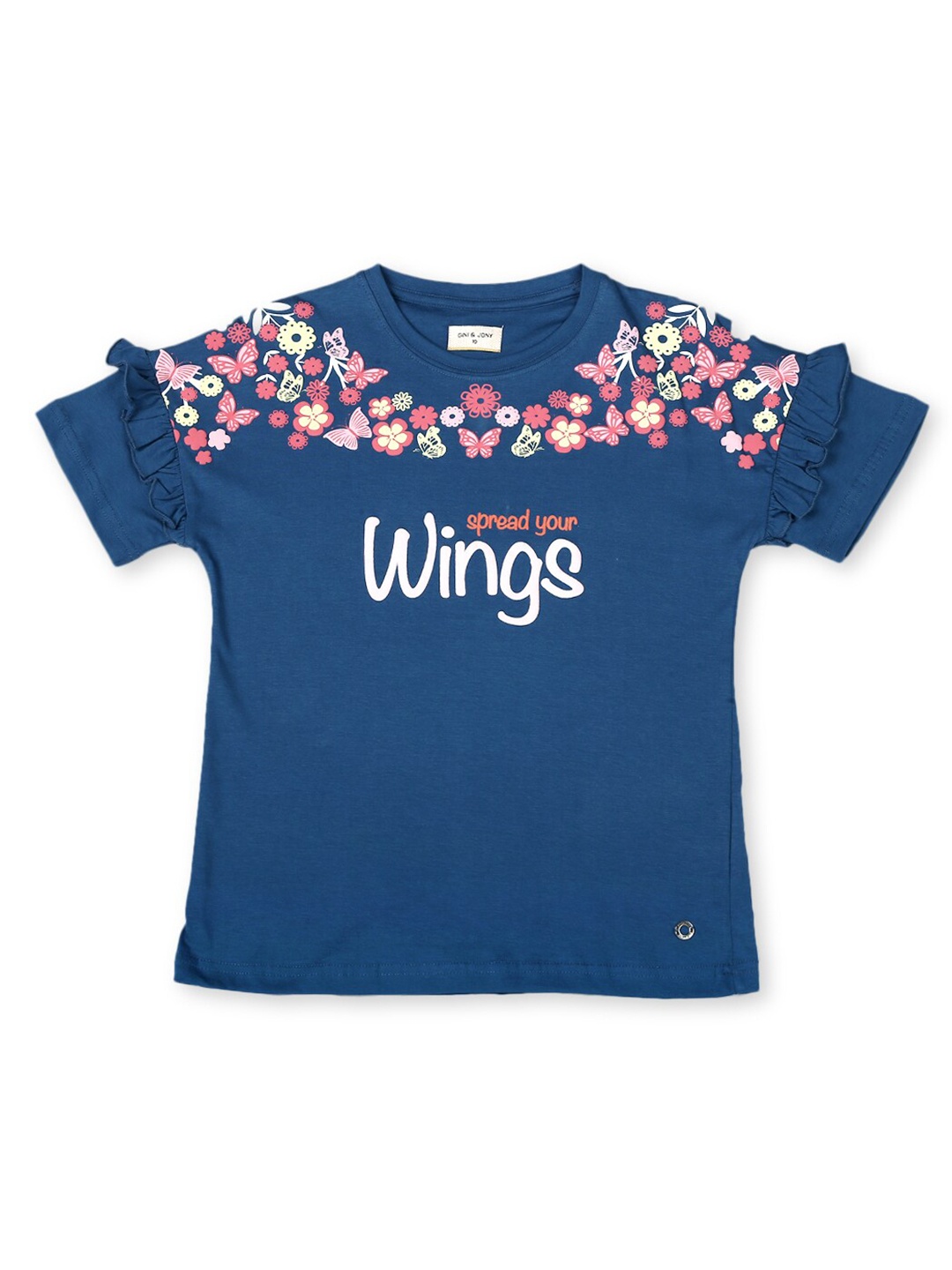

Gini and Jony Infant Girls Ruffles Typography Printed Cotton Top, Blue