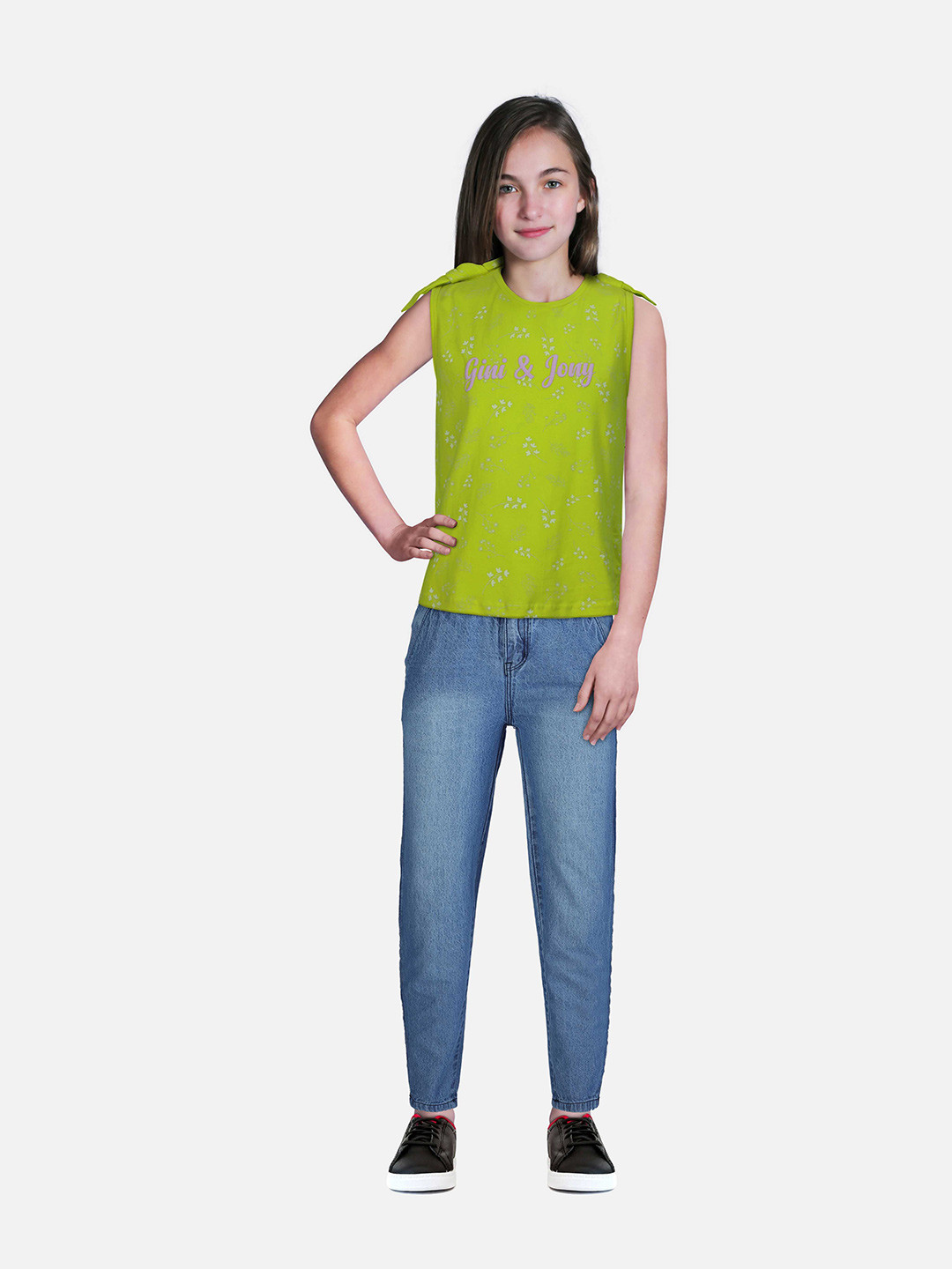 

Gini and Jony Graphic Printed Sleeveless Bow Detail Cotton Top, Green