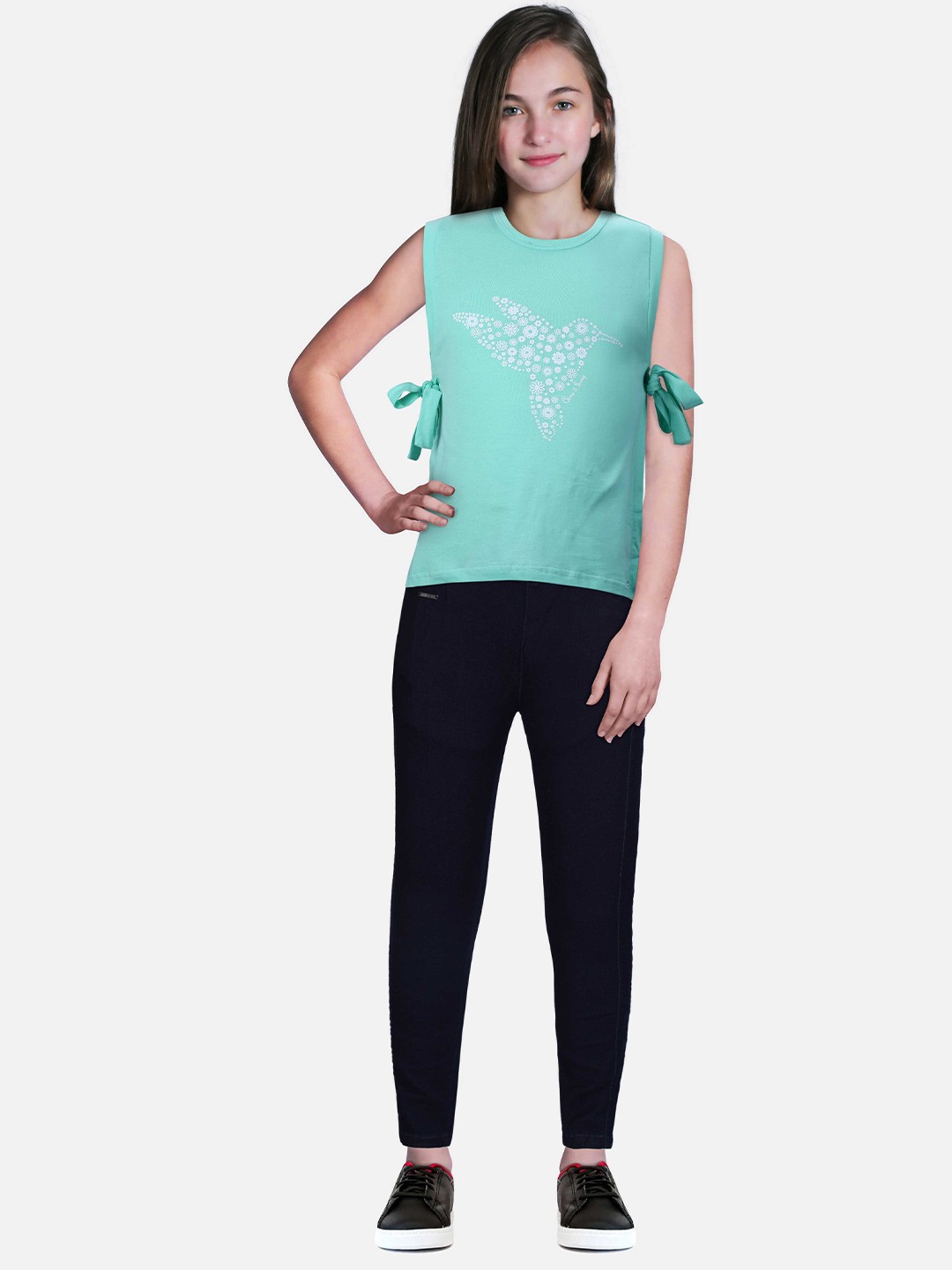 

Gini and Jony Girls Floral Printed Sleeveless Cotton Top, Turquoise blue