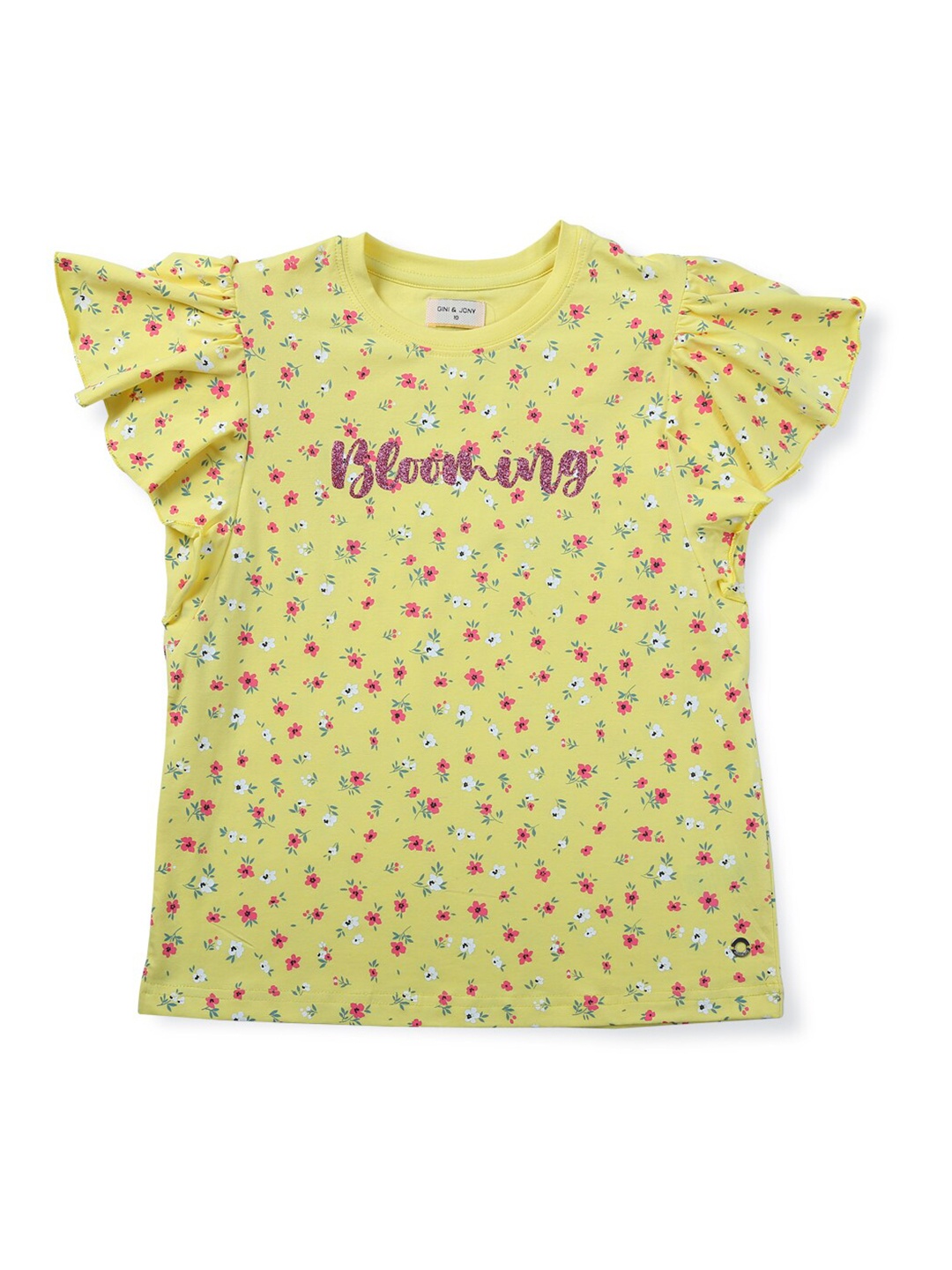 

Gini and Jony Girls Floral Printed Flutter Sleeves Cotton Top, Yellow