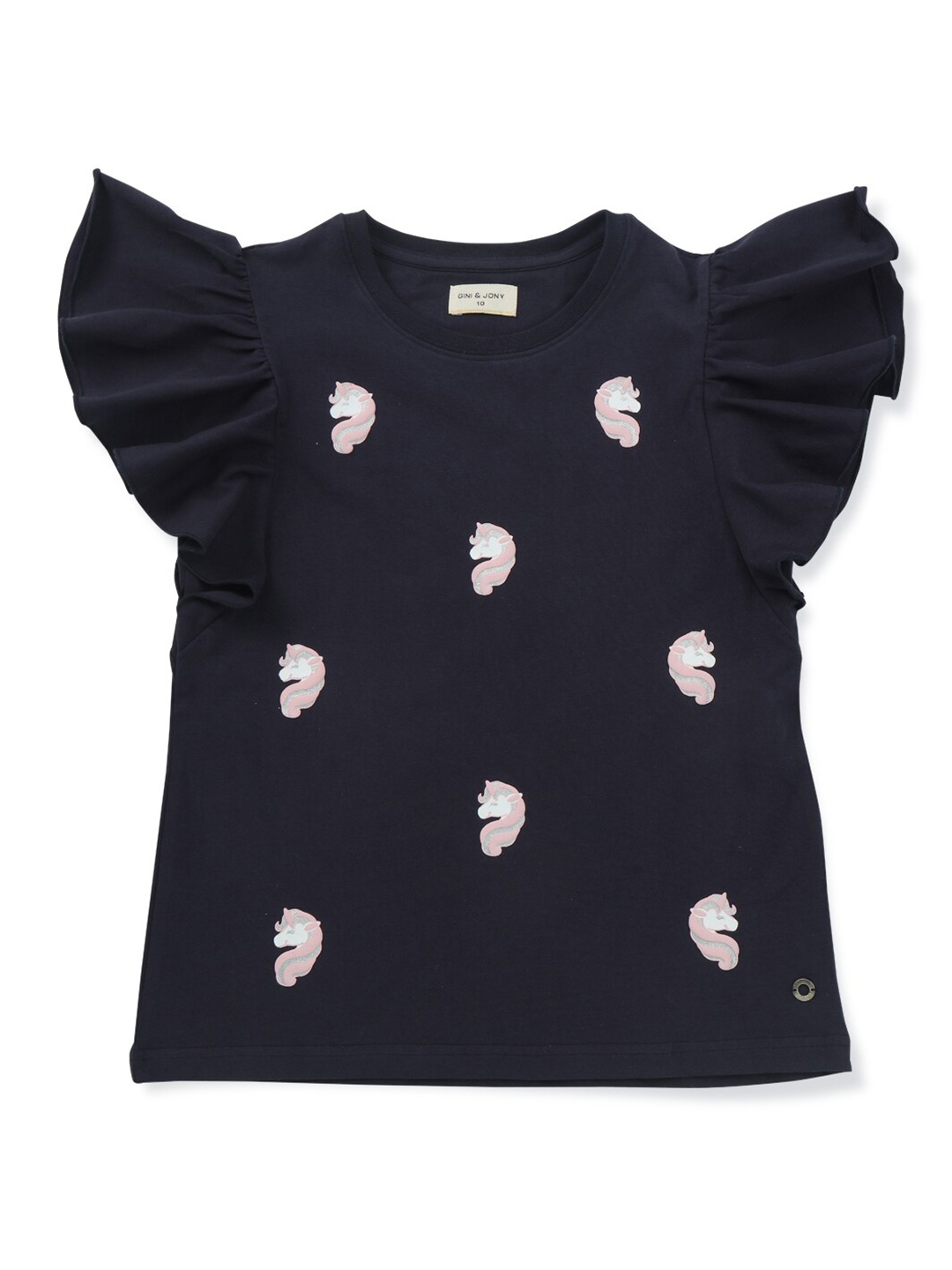 

Gini and Jony Infants Girls Conversational Printed Flutter Sleeves Cotton Top, Navy blue