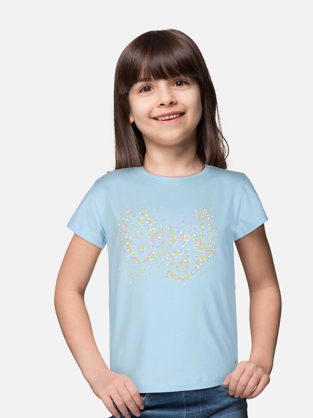 

Gini and Jony Girls Typography Printed Cotton T-shirt, Blue