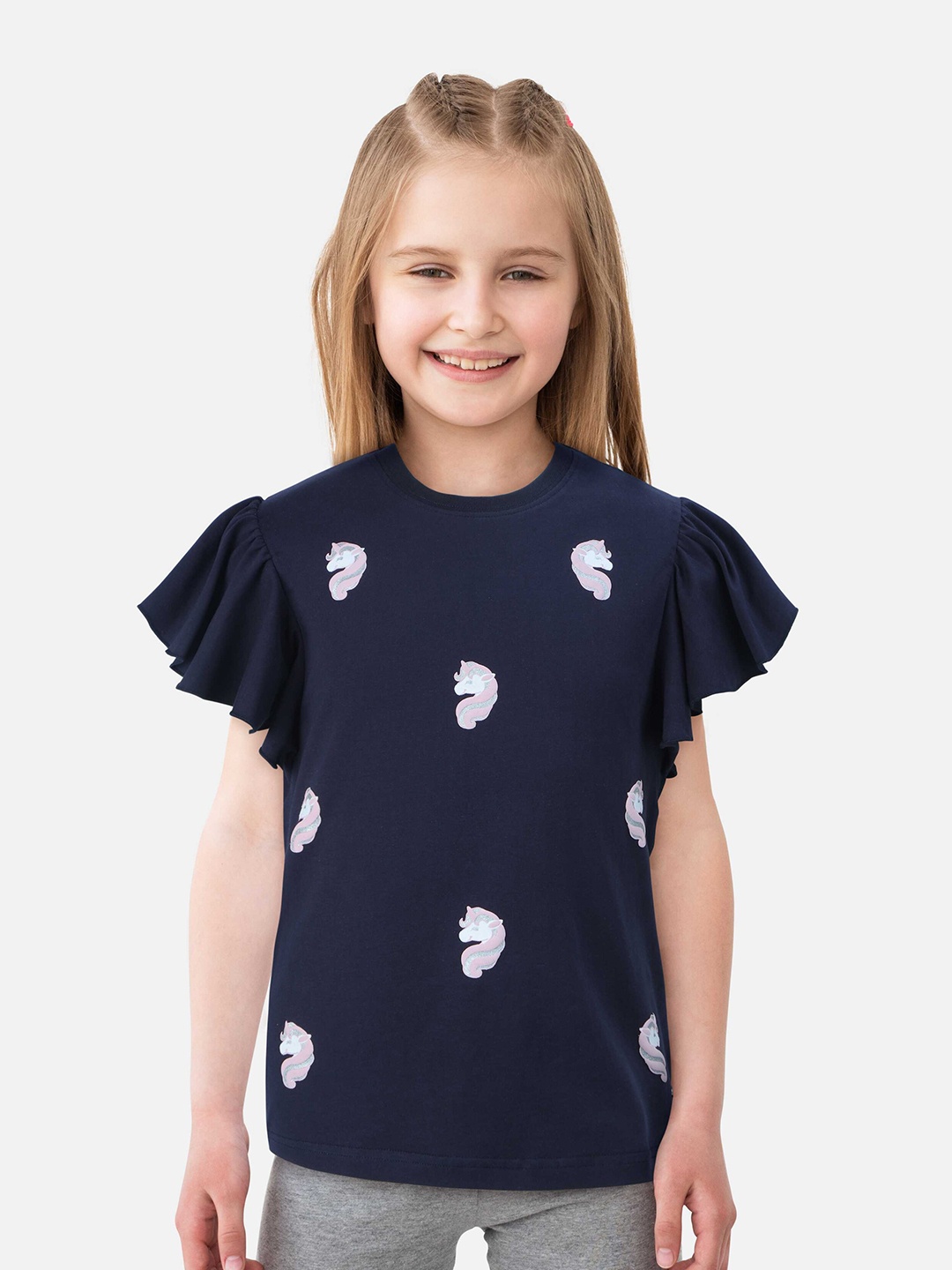 

Gini and Jony Girls Conversational Printed Flutter Sleeve Cotton Top, Navy blue