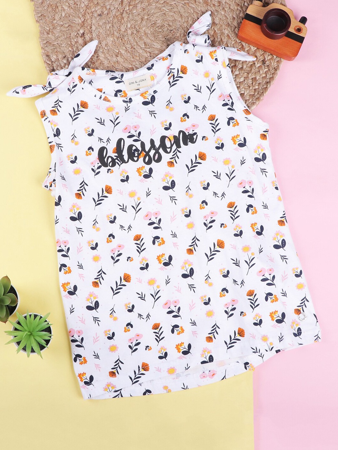 

Gini and Jony Girls Floral Printed Bow Detailed Cotton Top, White