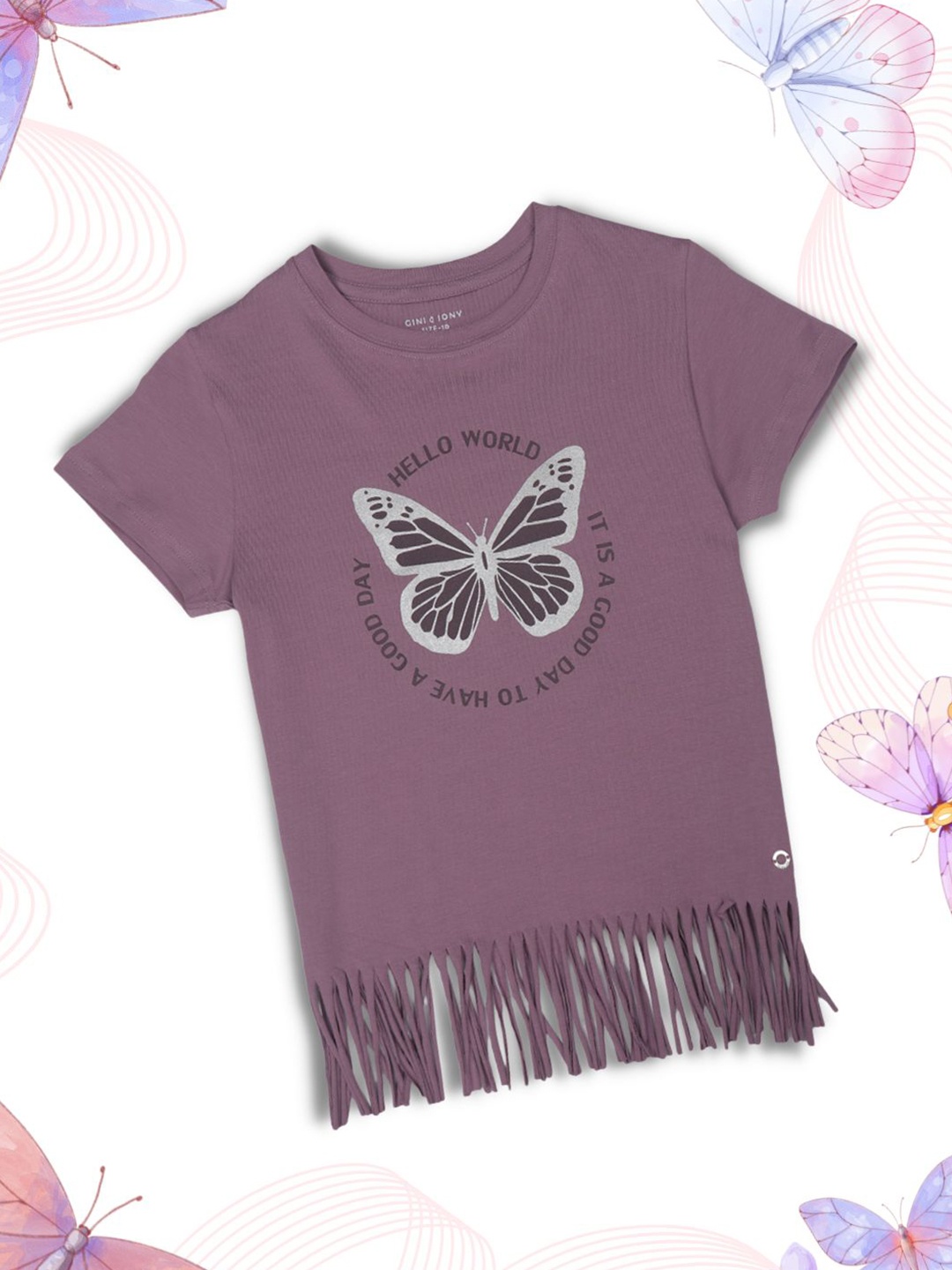 

Gini and Jony Girls Graphic Printed Cotton Fringe Top, Purple