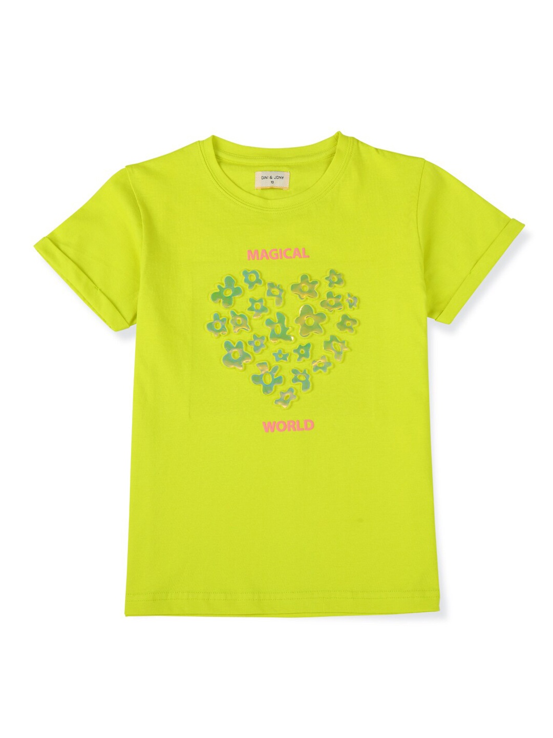 

Gini and Jony Girls Embossed Floral Printed Cotton Tshirt, Fluorescent green