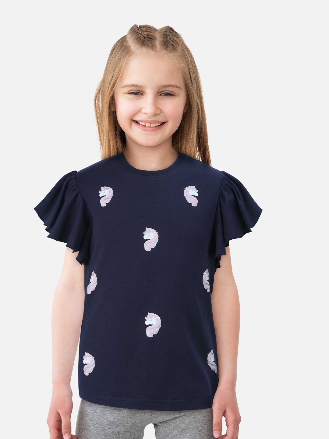 

Gini and Jony Girls Conversational Printed Flutter Sleeve Cotton Top, Navy blue