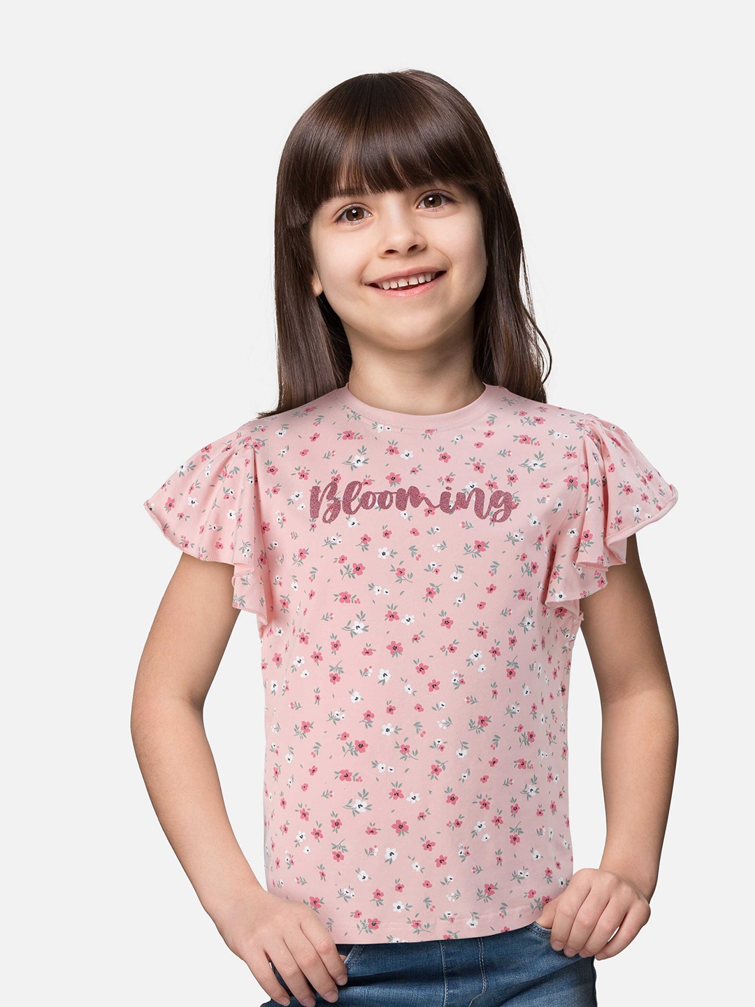 

Gini and Jony Girls Floral Printed Flutter Sleeves Cotton Top, Pink