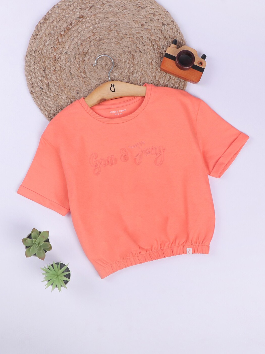 

Gini and Jony Girls Typography Printed Drop Shoulder Crop Cotton Tshirt, Peach