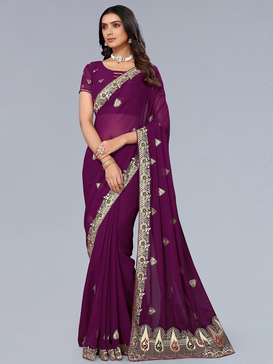 

Mitera Purple Ethnic Motifs Poly Georgette Saree