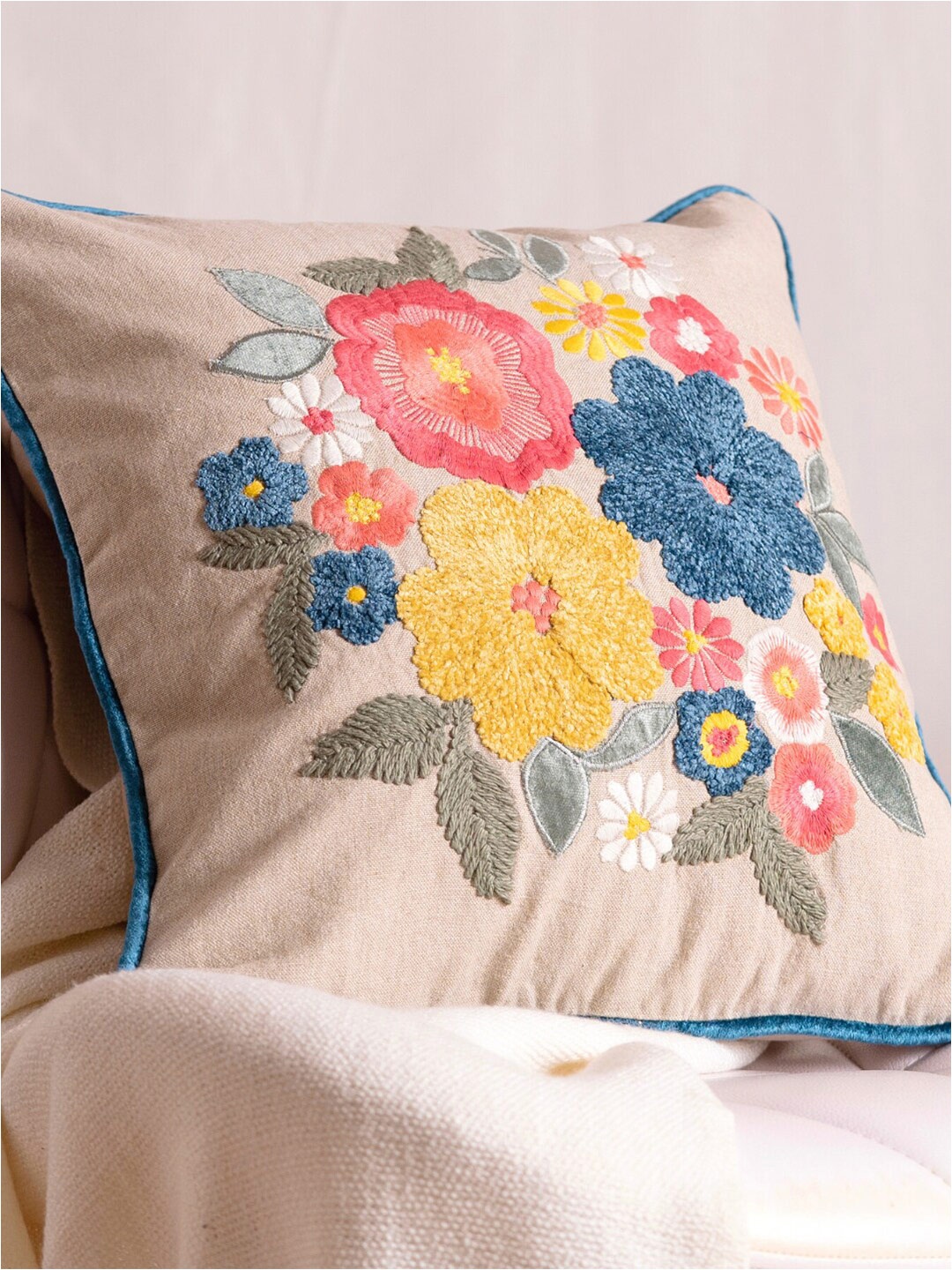 

haus & kinder Beige & Yellow Floral Embroidered Cotton Square Cushion Cover