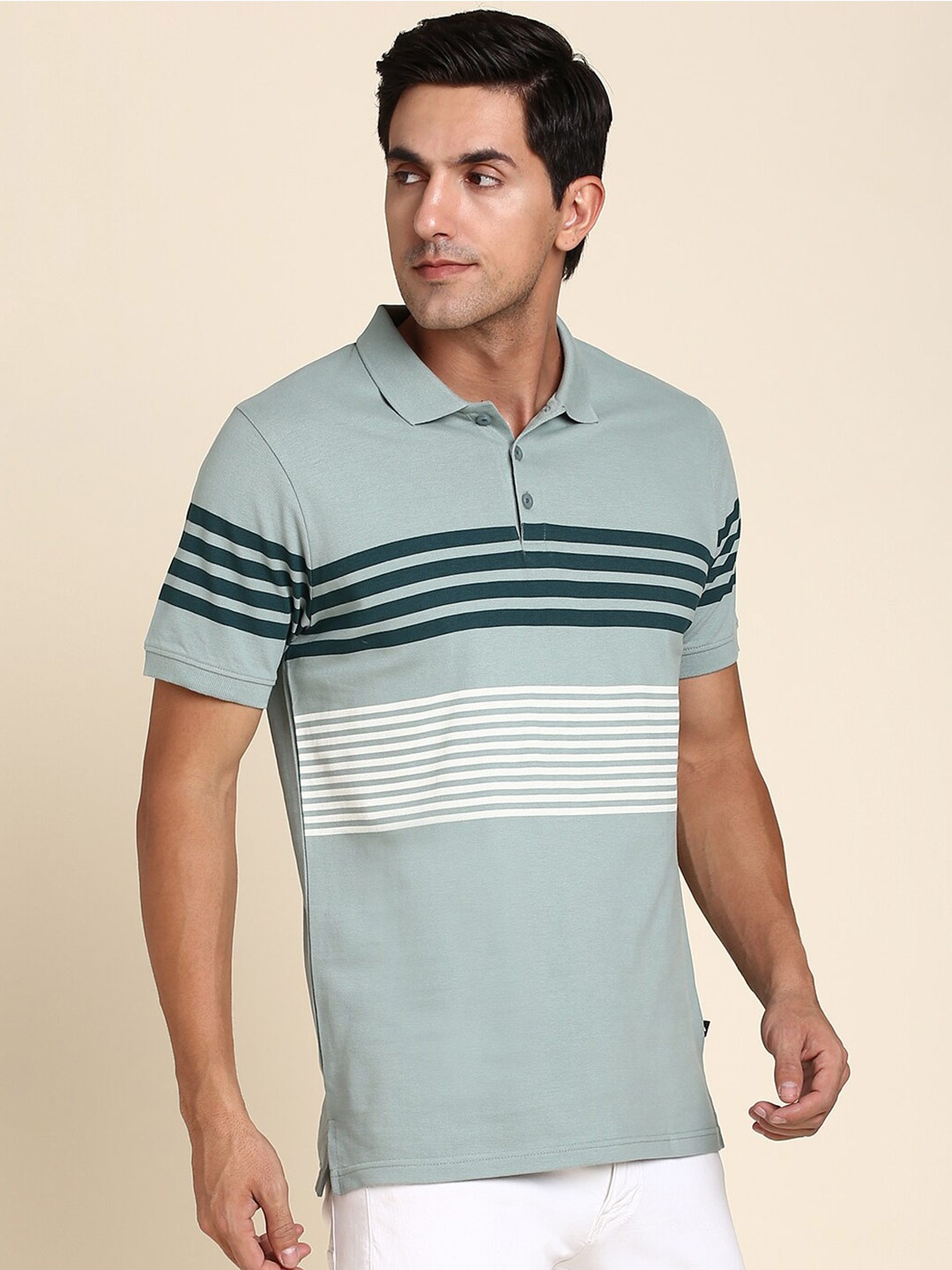 

Dennis Lingo Striped Polo Collar Regular Fit Pure Cotton T-Shirt, Teal