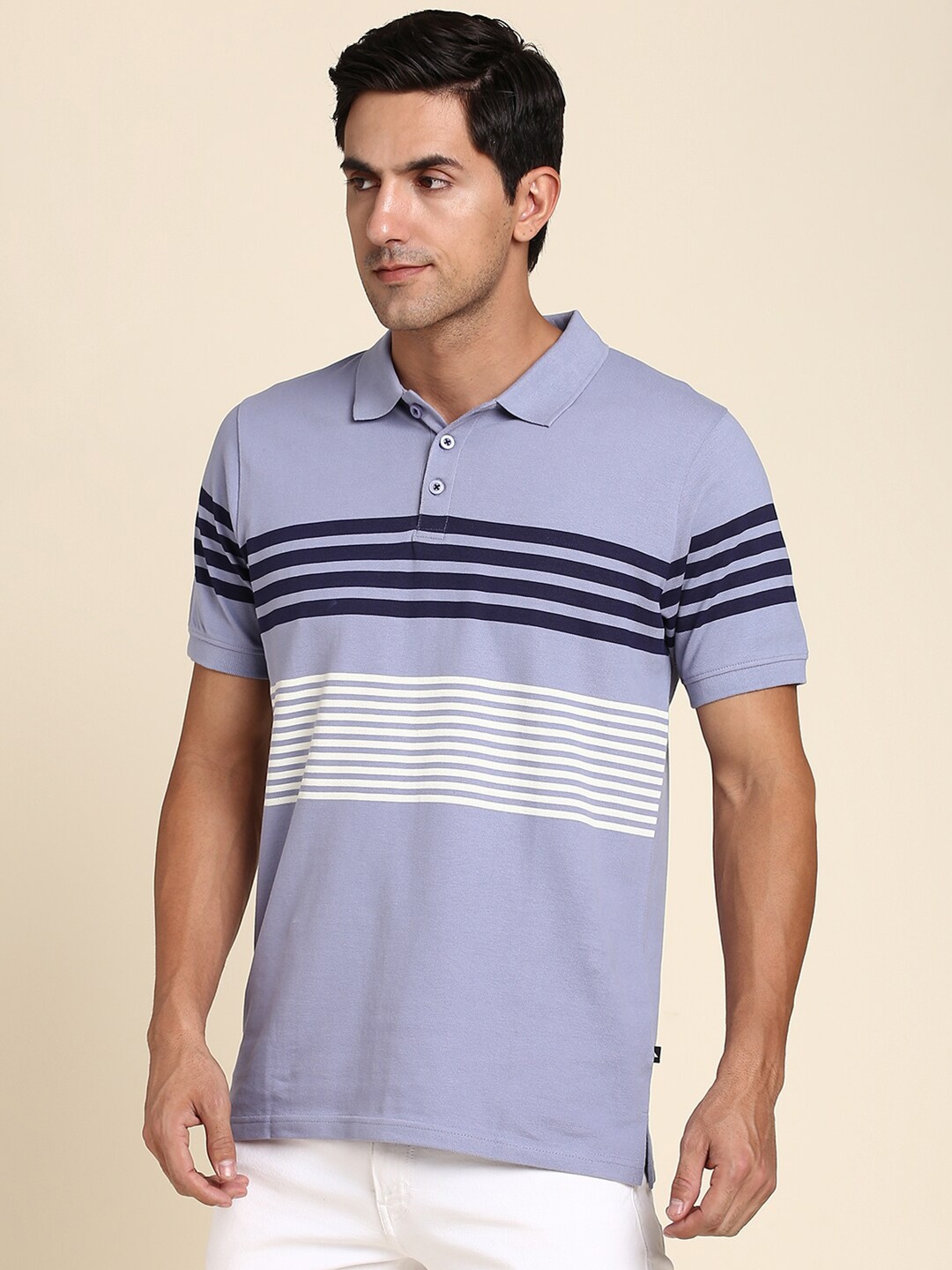 

Dennis Lingo Striped Polo Collar Comfortable Pure Cotton Regular Fit T-shirt, Blue