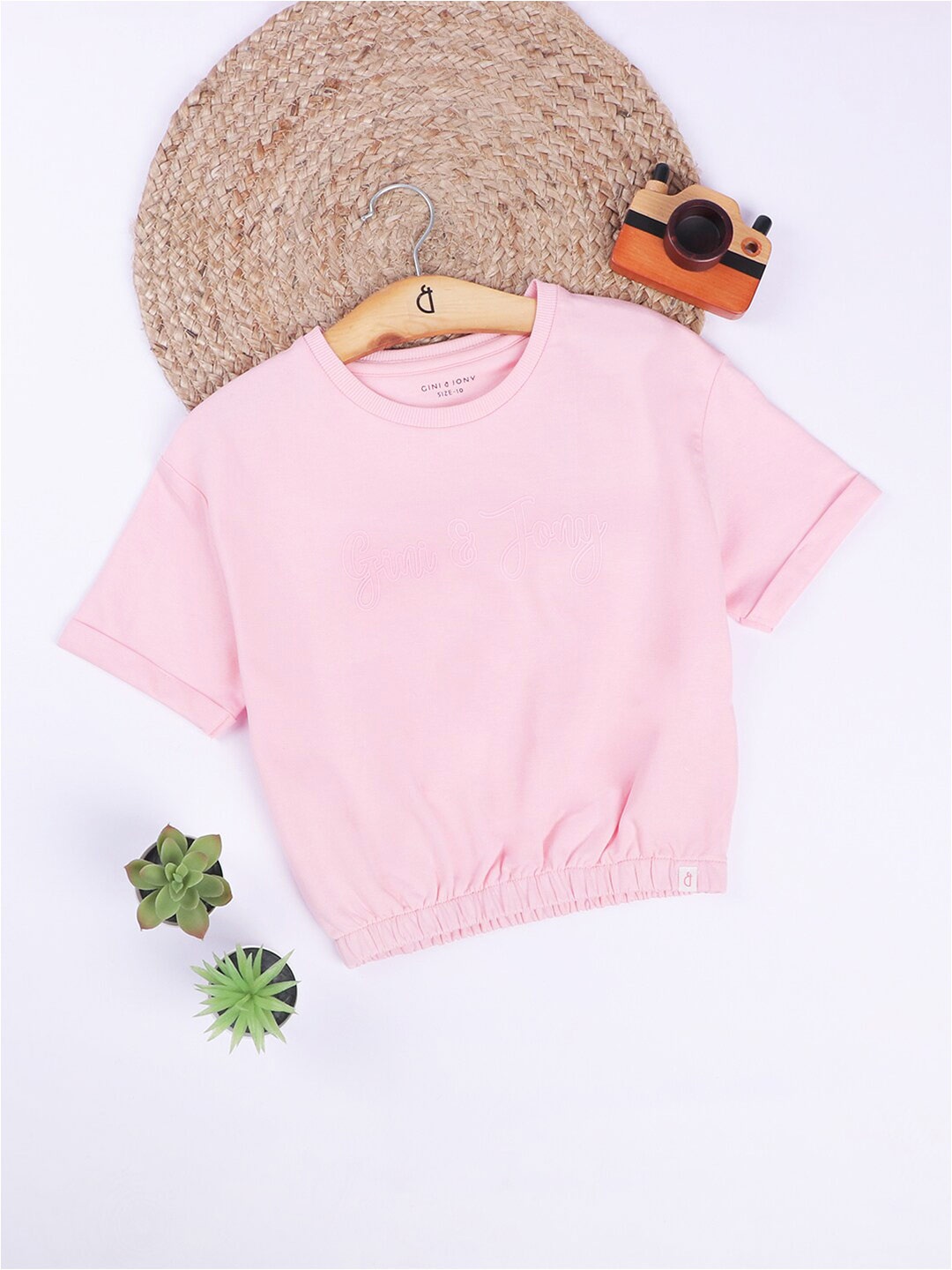 

Gini and Jony Infant Girls Round Neck Blouson Cotton Top, Pink