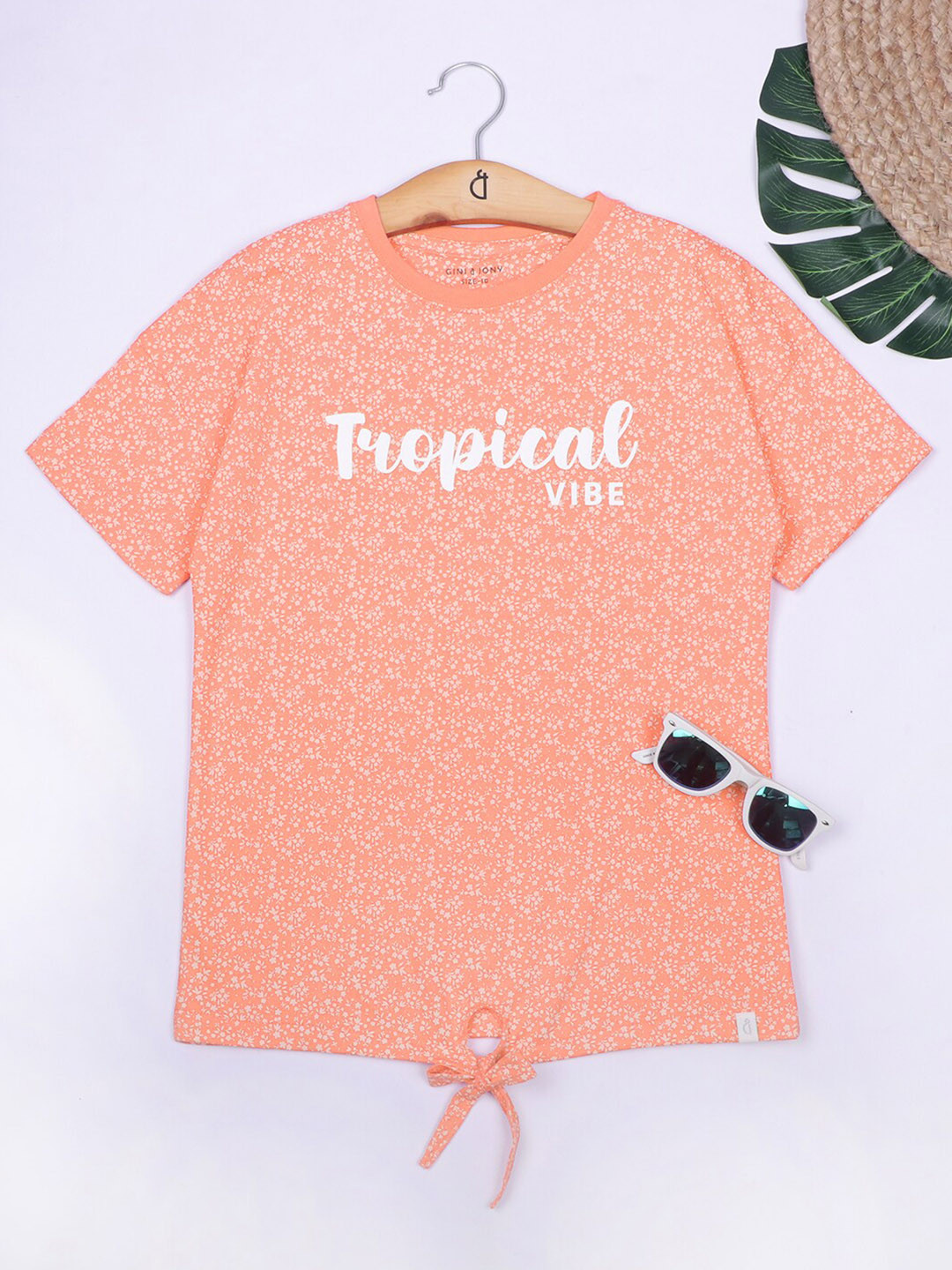 

Gini and Jony Girls Typography Printed Cotton Round Neck Top, Peach