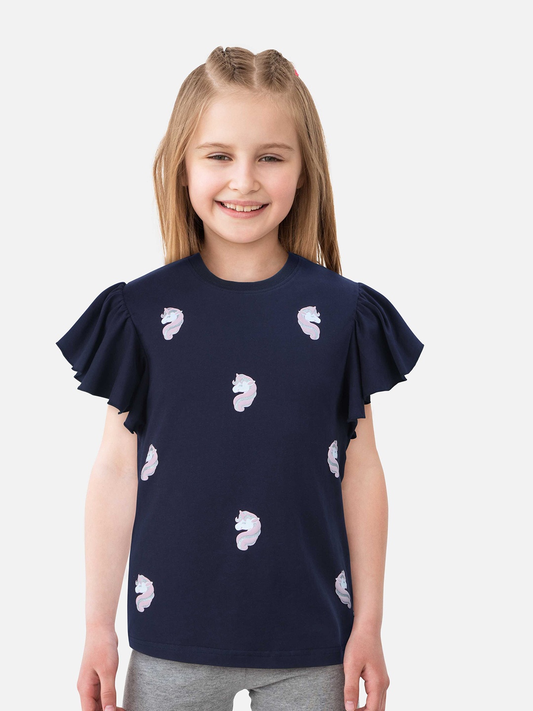 

Gini and Jony Girls Unicorn Printed Cotton Top, Navy blue