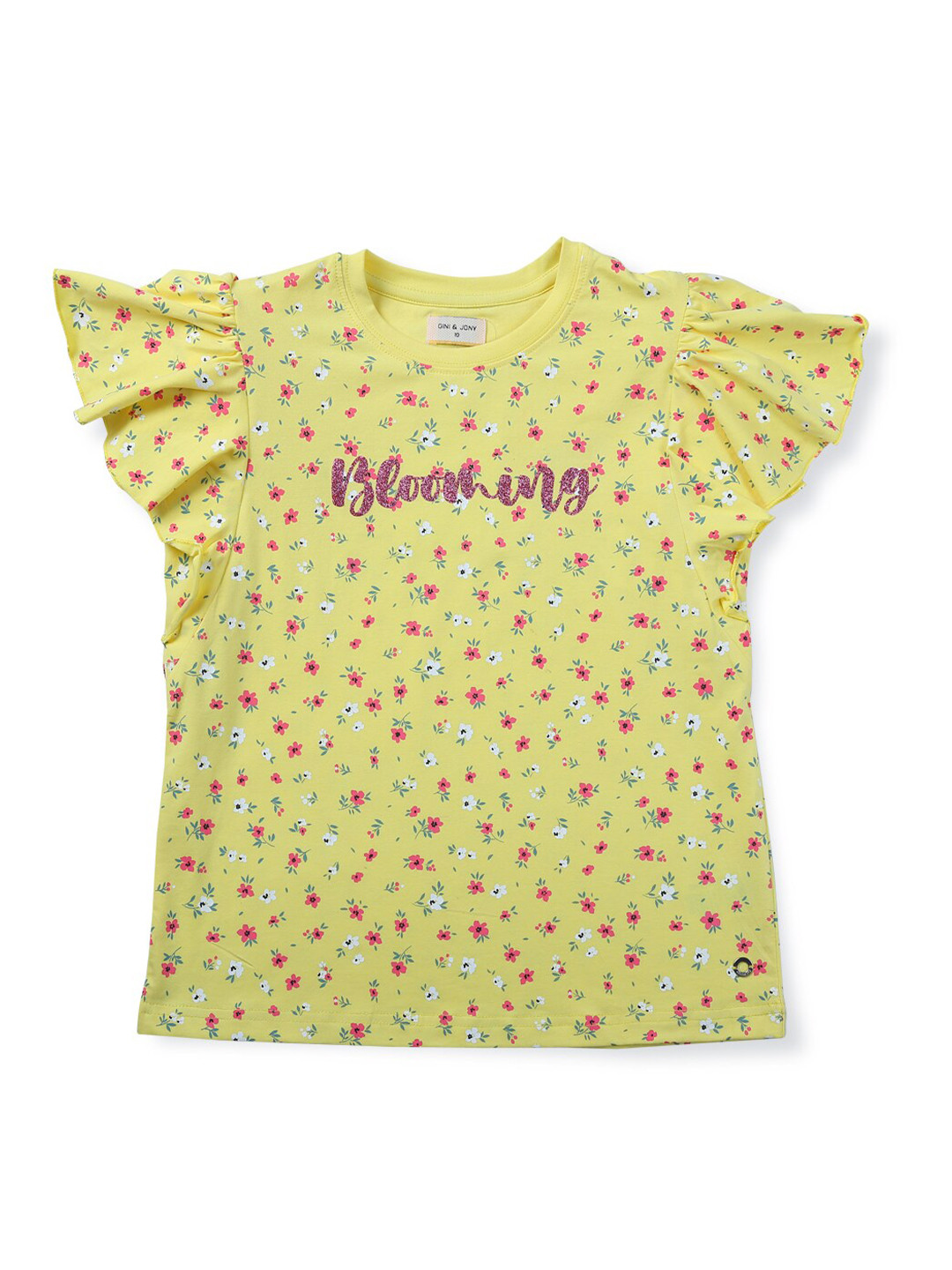 

Gini and Jony Infants Girls Floral Printed Flutter Sleeve Cotton Top, Yellow