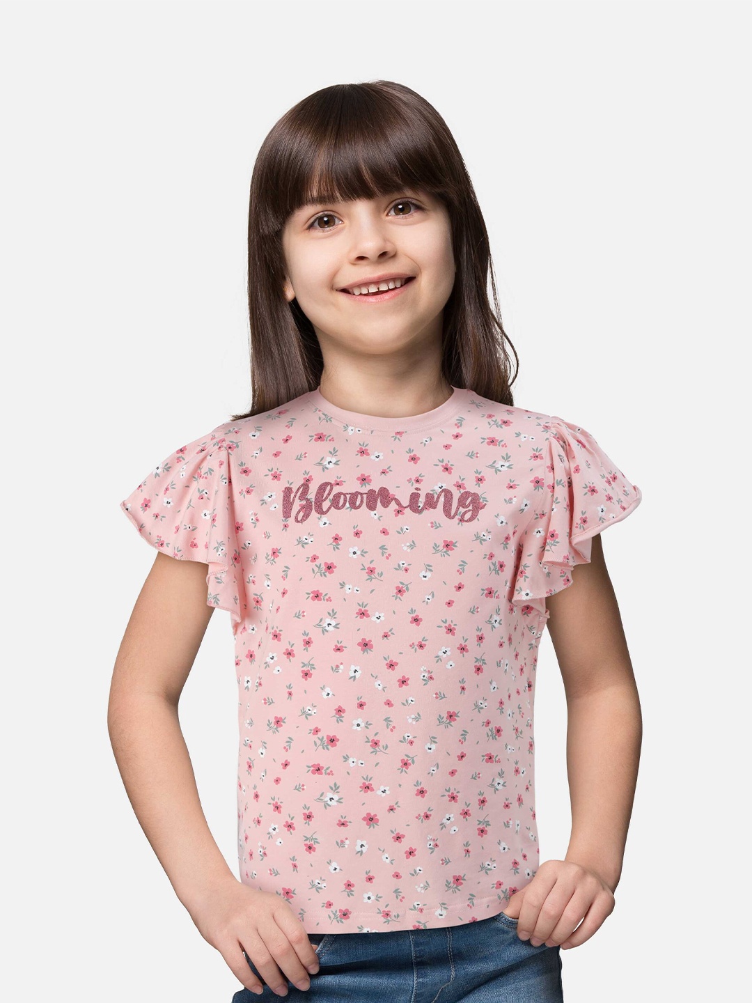 

Gini and Jony Girls Floral Printed Flutter Sleeve Cotton Top, Pink