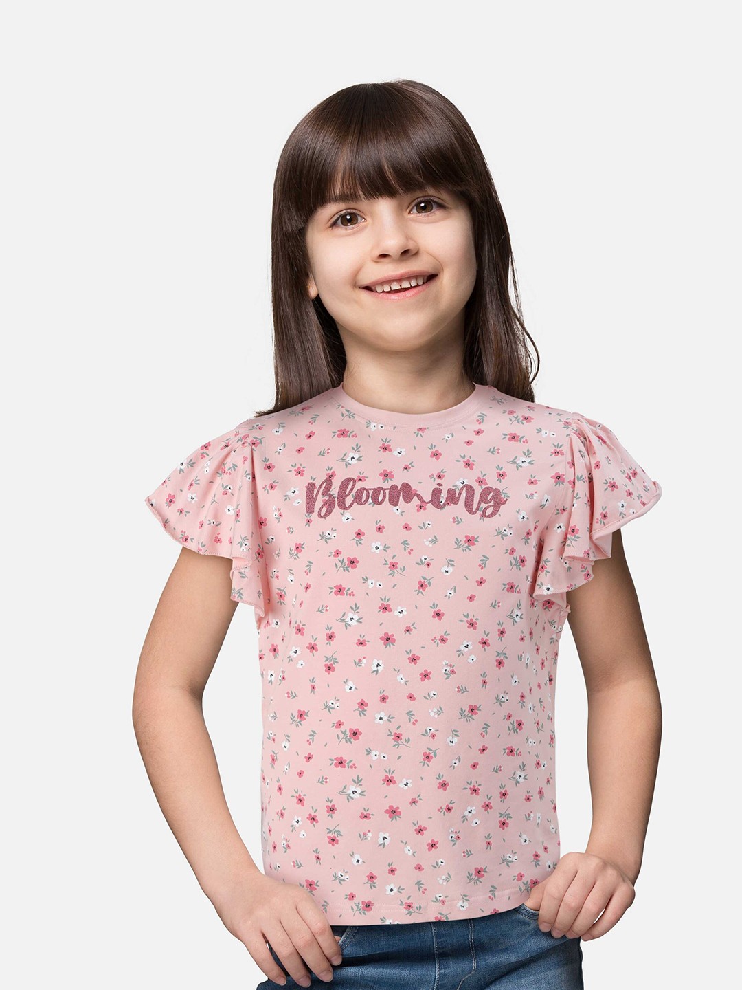 

Gini and Jony Girls Floral Printed Cotton Flutter Sleeves Top, Pink
