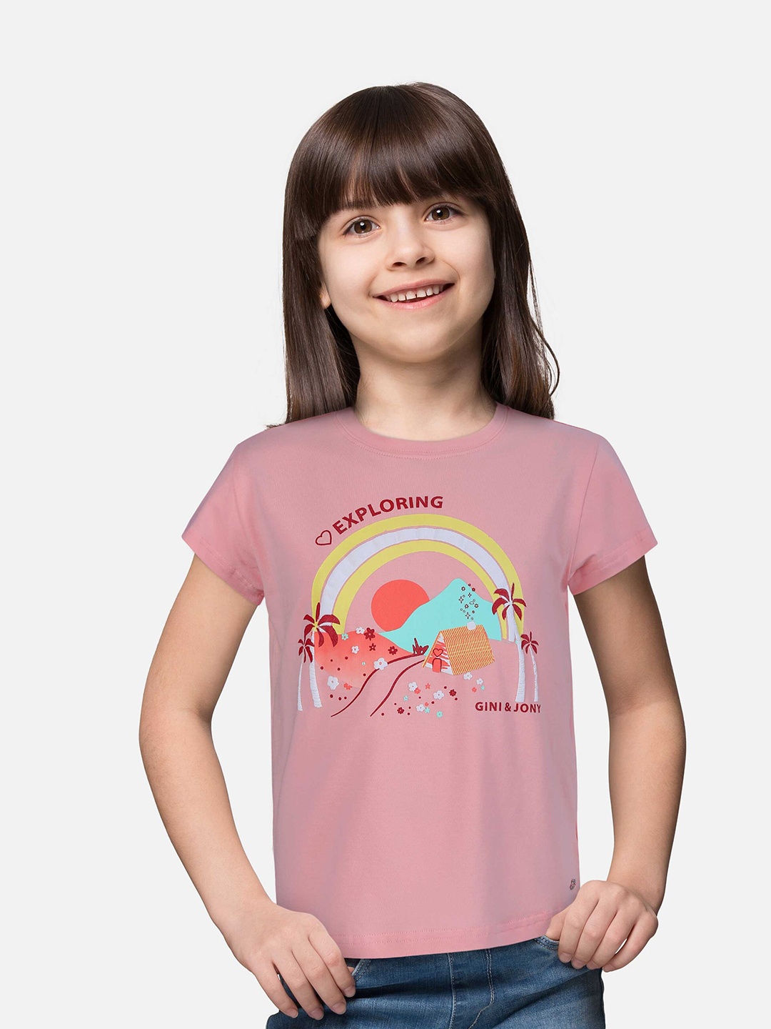 

Gini and Jony Girls Graphic Print Cotton T-Shirt, Pink