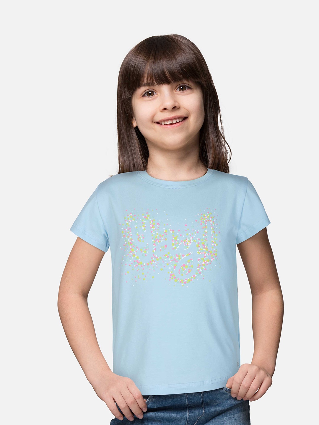

Gini and Jony Girls Typography Printed Cotton Top, Turquoise blue
