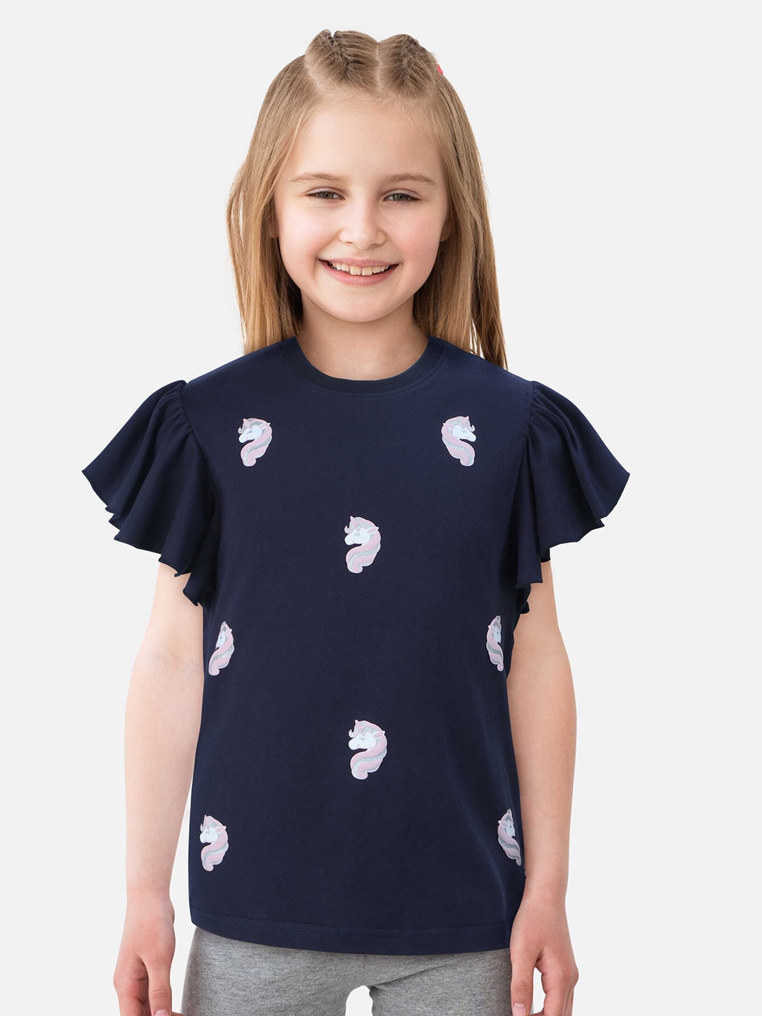 

Gini and Jony Infant Girls Conversational Printed Flutter Sleeve Cotton Top, Navy blue