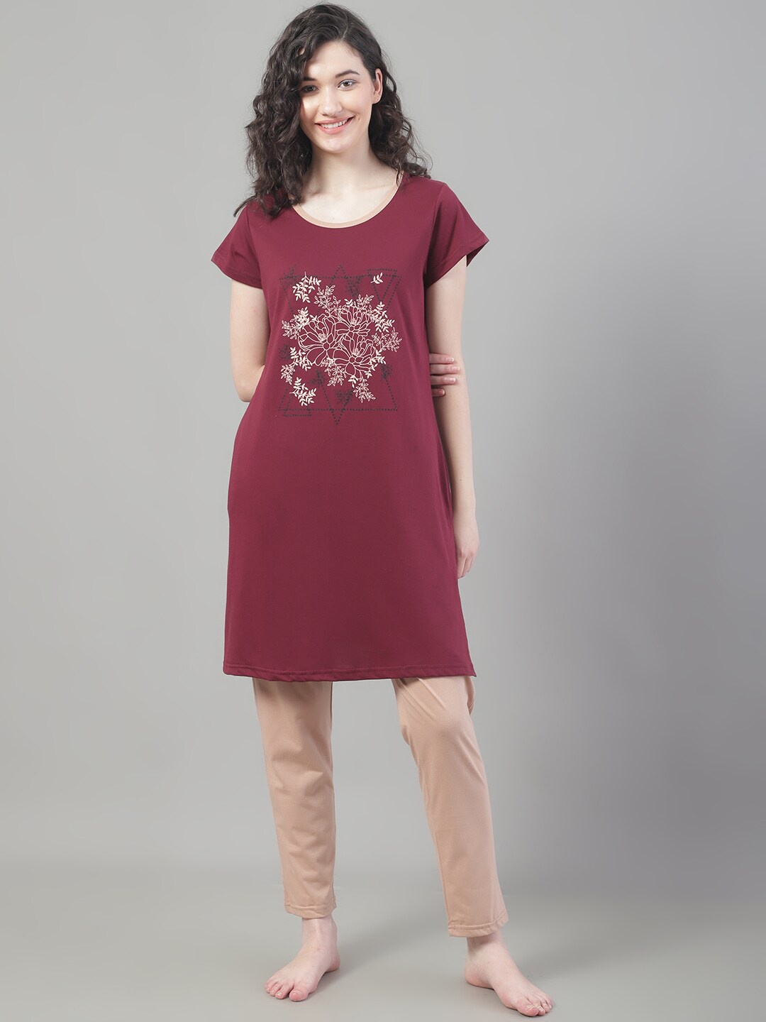 

VANYA Floral Printed Night Suit, Maroon