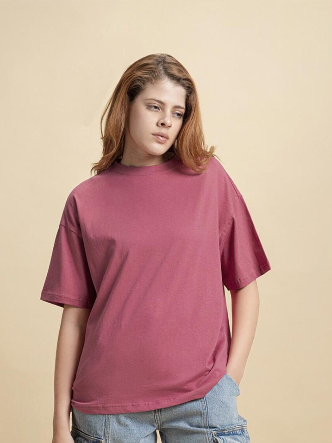 

Bewakoof Mauve Drop-Shoulder Sleeves Oversized Cotton T-Shirt