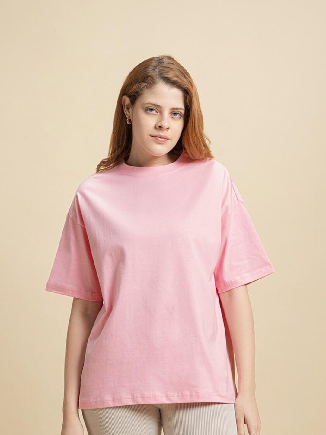 

Bewakoof Pink Drop-Shoulder Sleeves Oversized Cotton T-Shirt