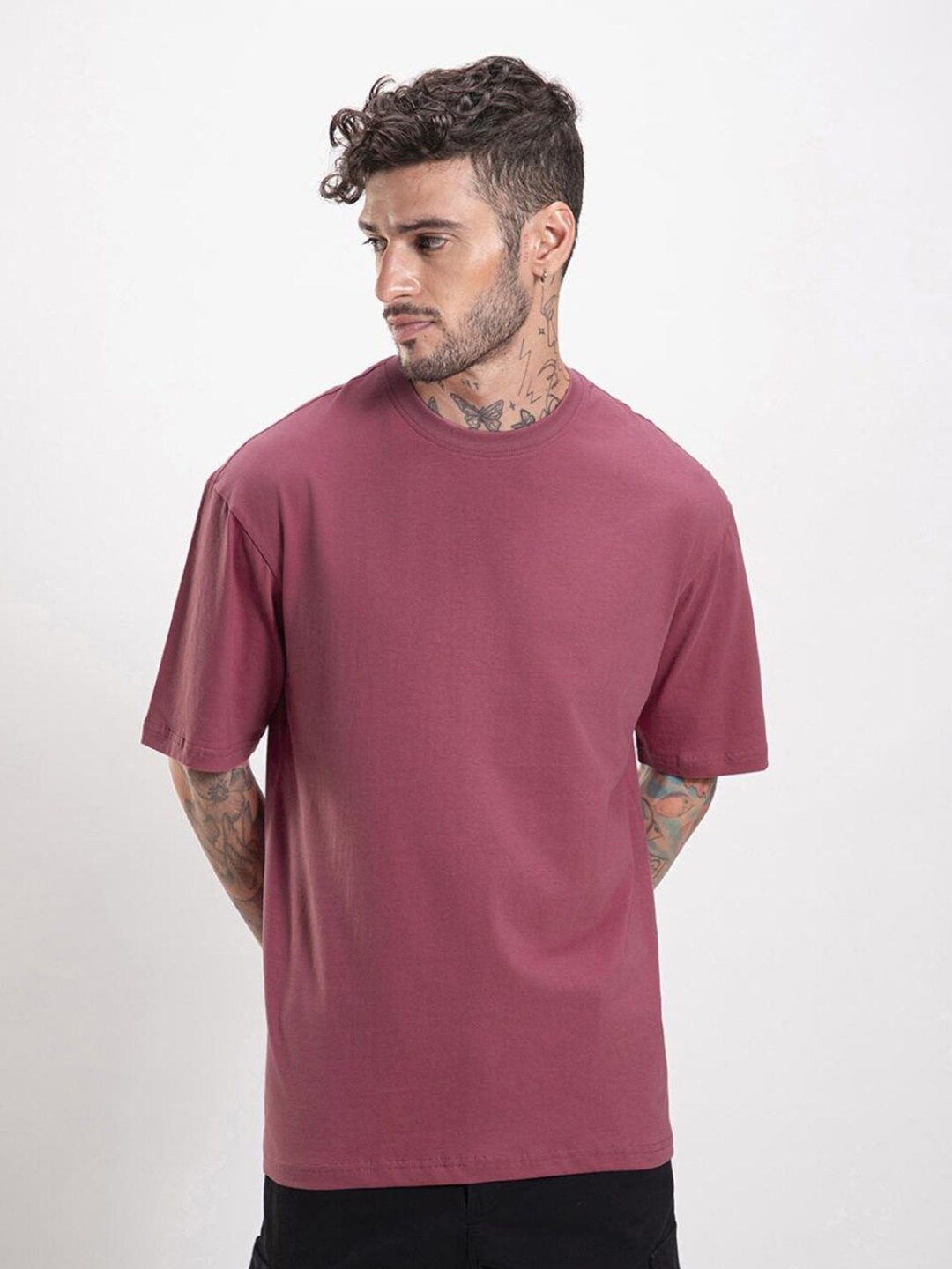 

Bewakoof Mauve Drop-Shoulder Sleeves Oversized Cotton T-Shirt