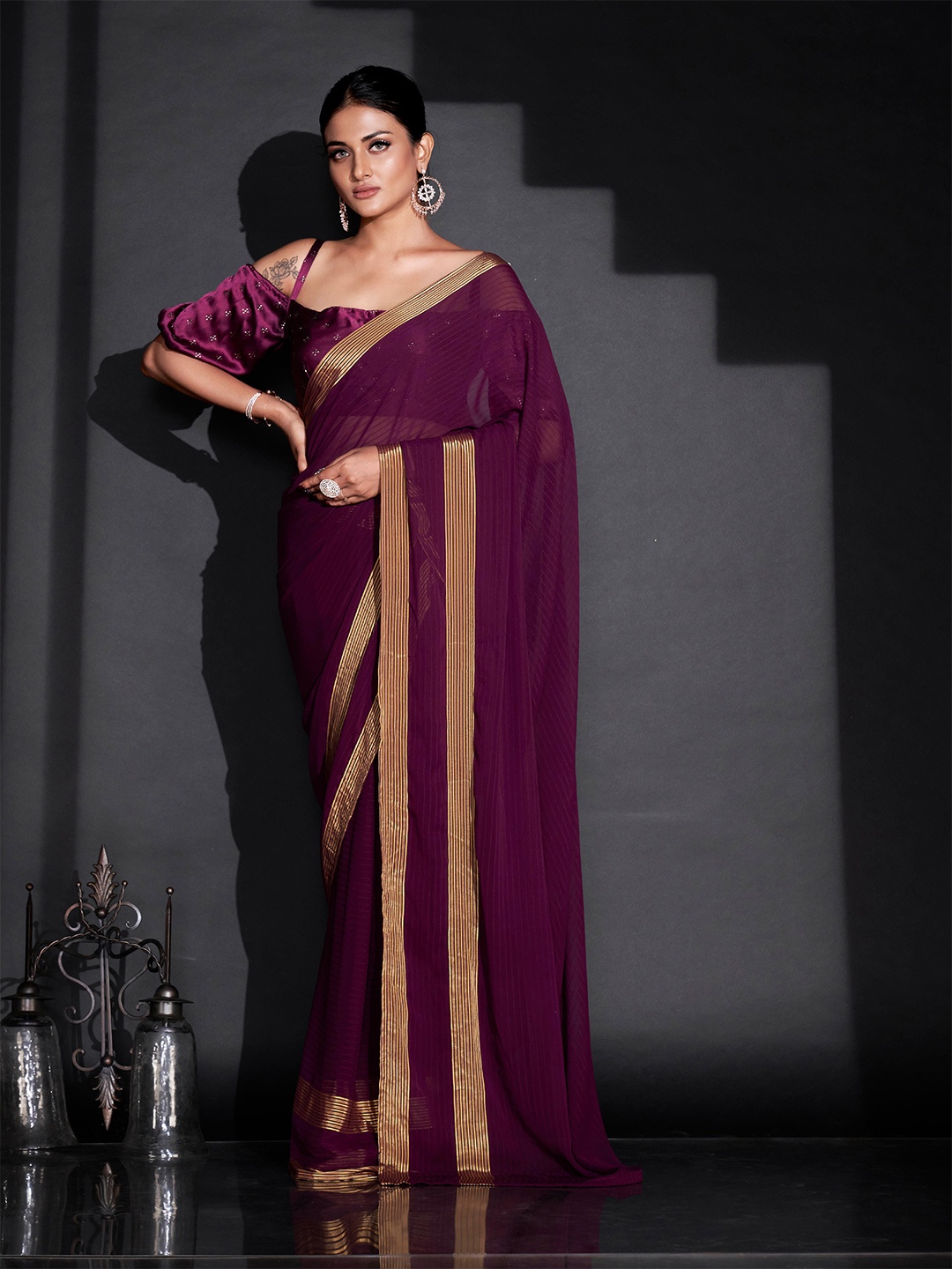 

Tikhi Imli Burgundy & Gold Striped Zari Ready To Wear Saree