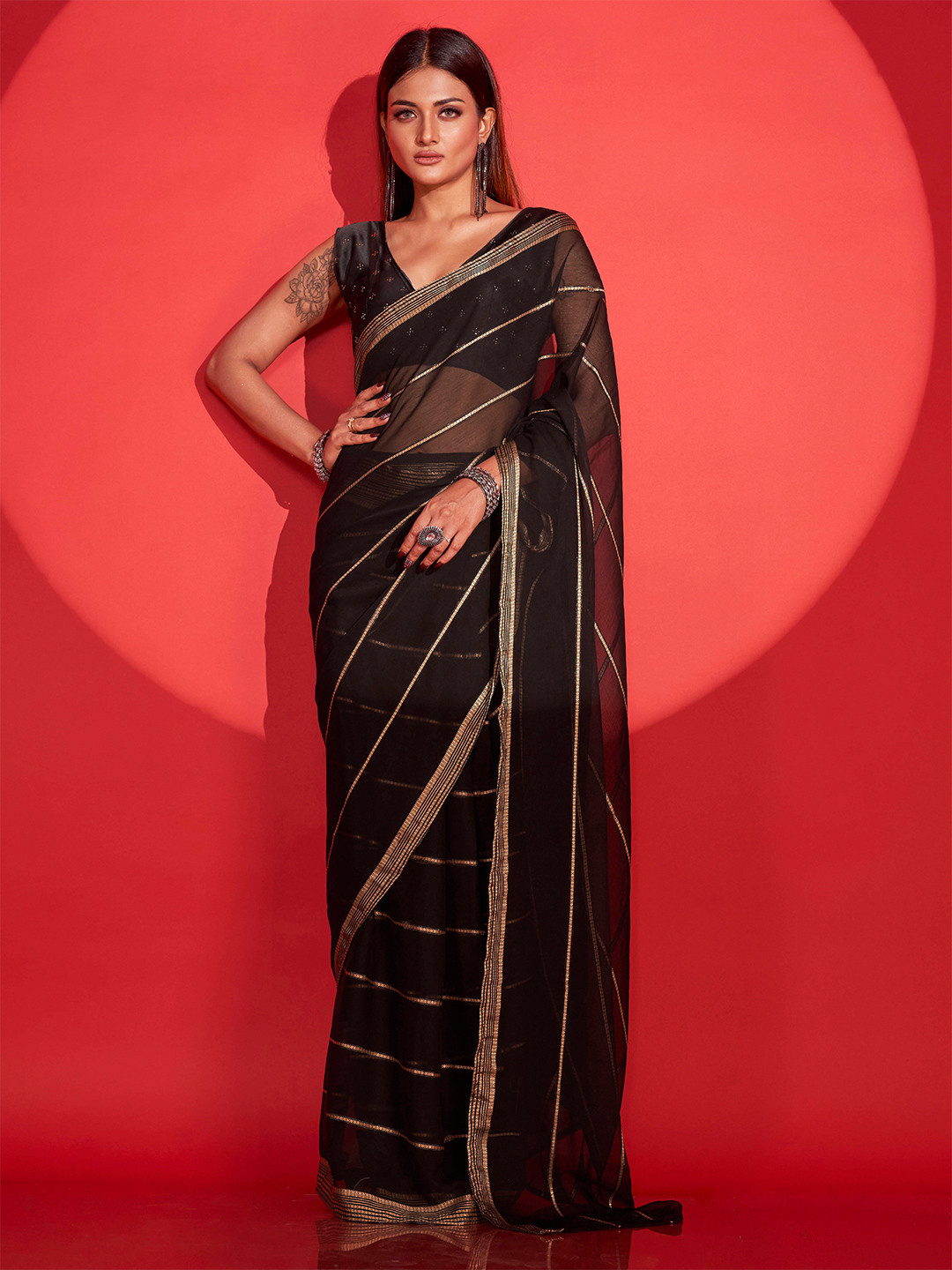 

Tikhi Imli Striped Polyester Ready To Wear Saree, Black