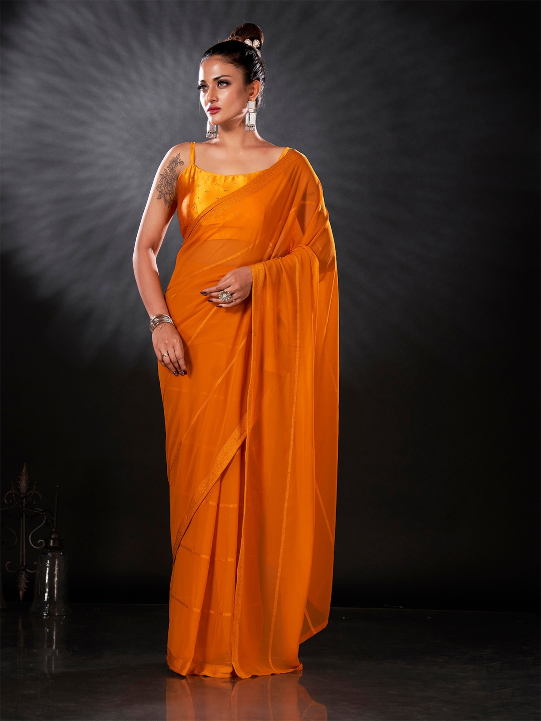 

Tikhi Imli Mustard Yellow Striped Woven Design Zari Ready To Wear Saree