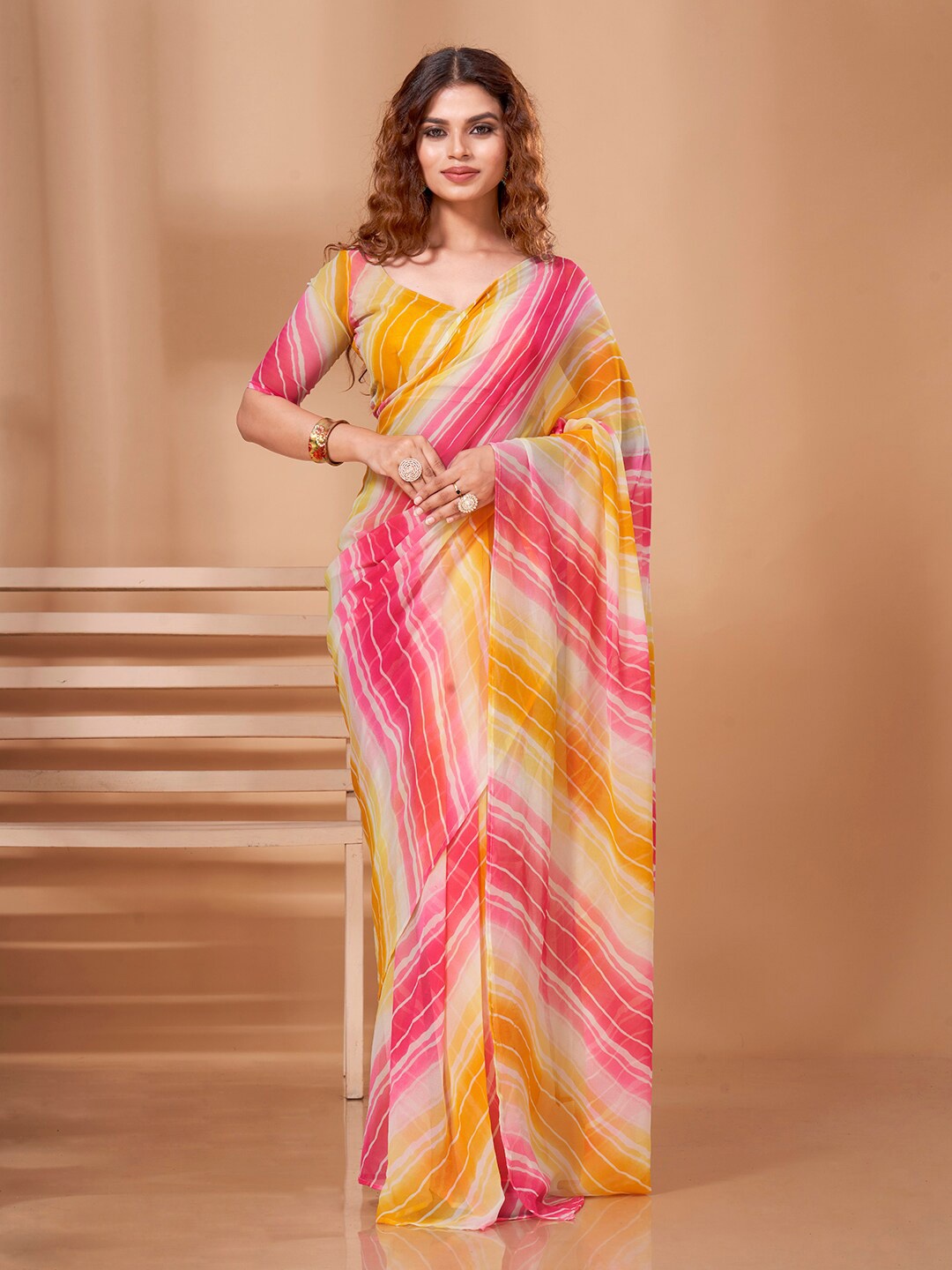 

Tikhi Imli Pink & Beige Leheriya Printed Ready To Wear Saree