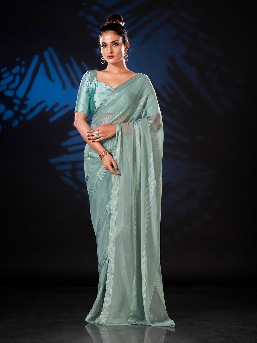 

Tikhi Imli Sea Green & Gold-Toned Striped Ready to Wear Saree, Blue