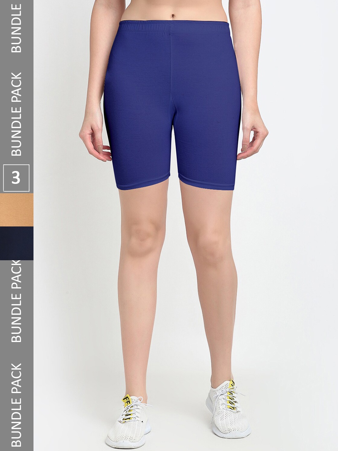 

Jinfo Women Pack Of 3 Mid-rise Cotton Sports Shorts, Blue