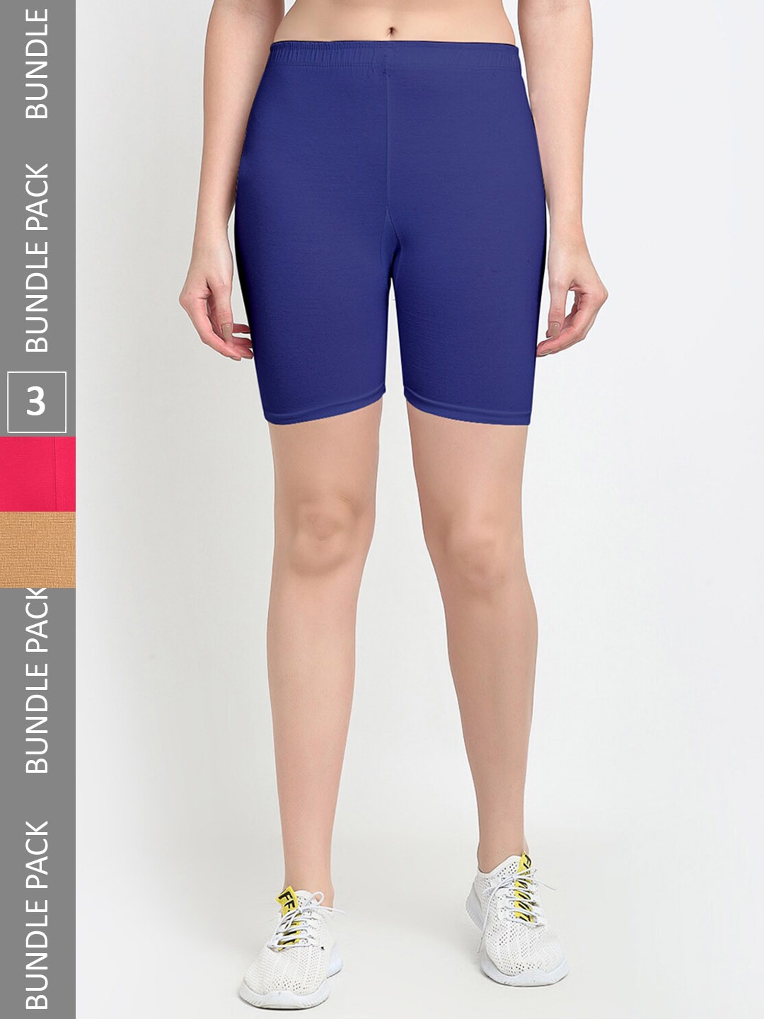 

Jinfo Women Pack Of 3 Mid Rise Knitted Cotton Cycling Sports Shorts, Navy blue