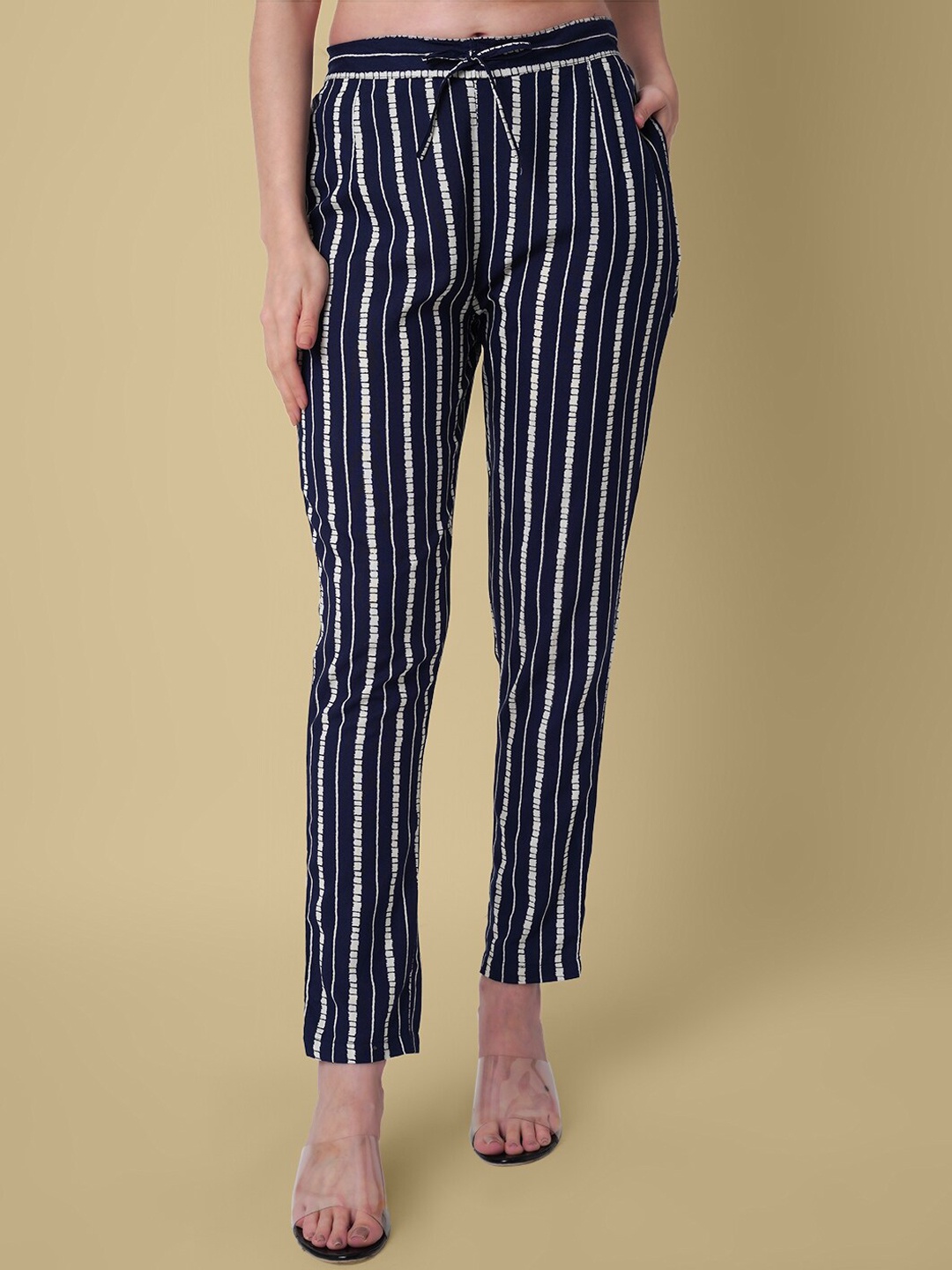 

DAEVISH Women Striped Relaxed Straight Leg Straight Fit Trousers, Navy blue