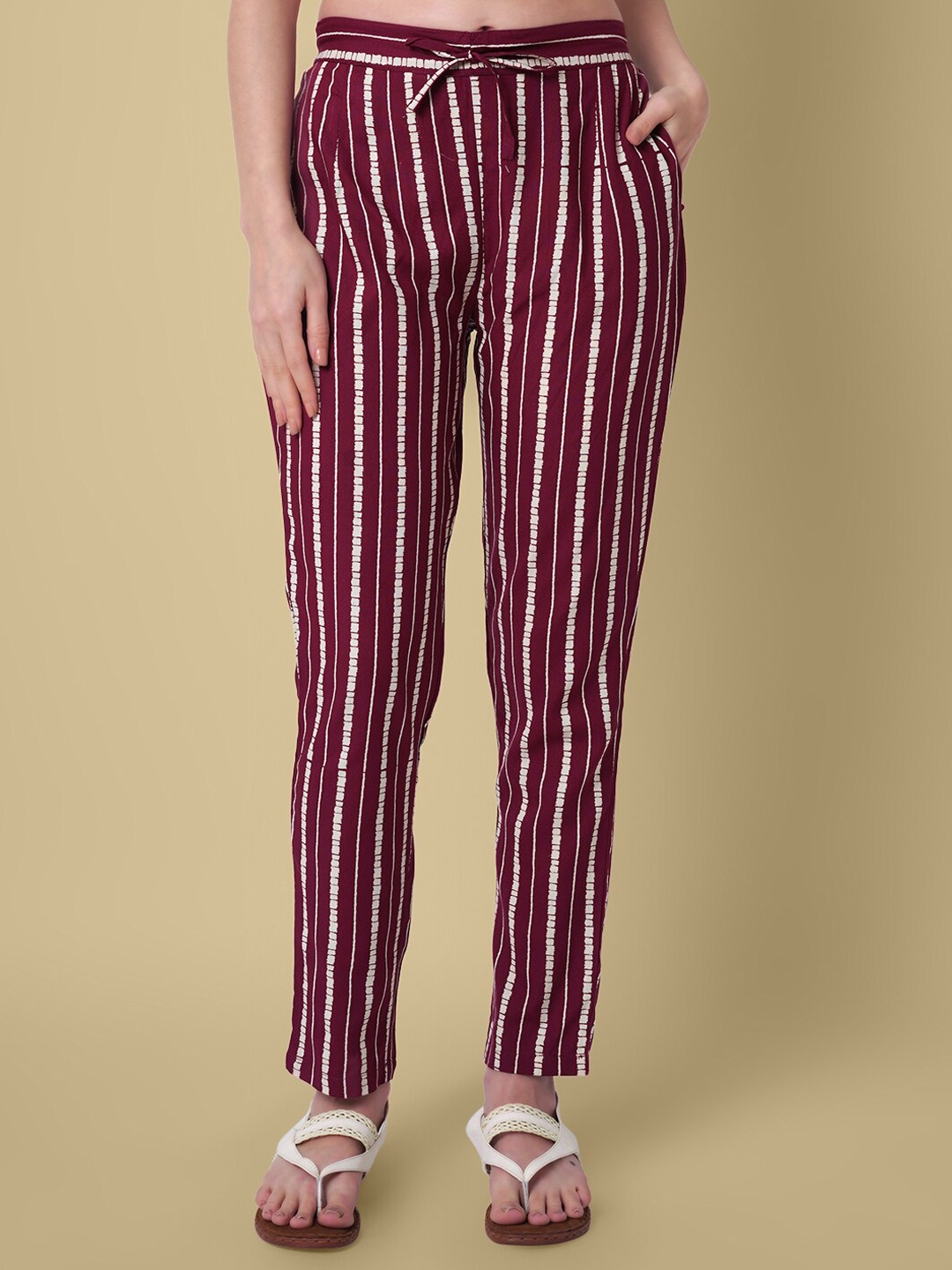 

DAEVISH Women Relaxed Straight Leg Striped Mid Rise Plain Trousers, Maroon