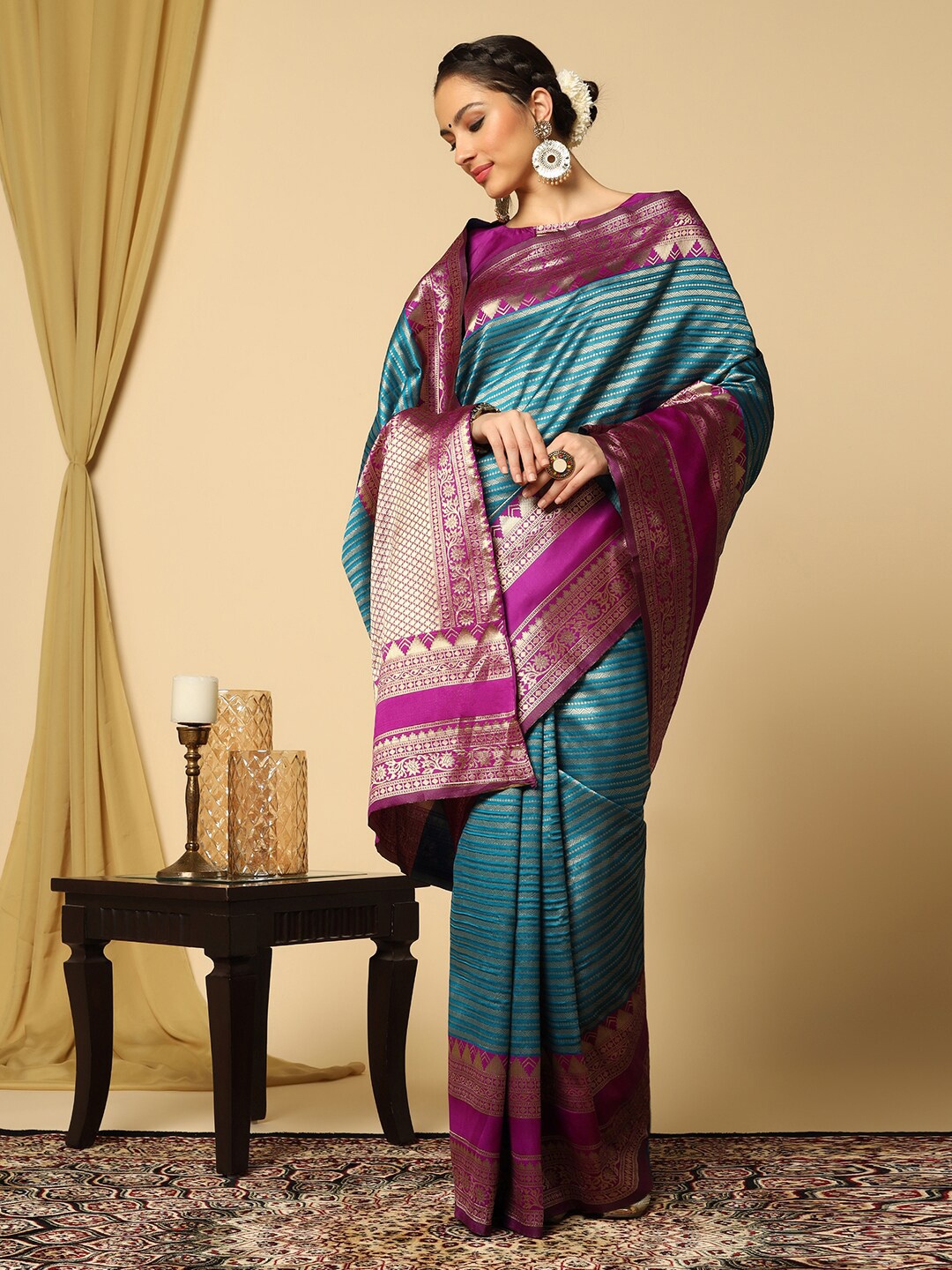 

Mitera Teal Blue & Purple Ethnic Motif Woven Design Banarasi Saree