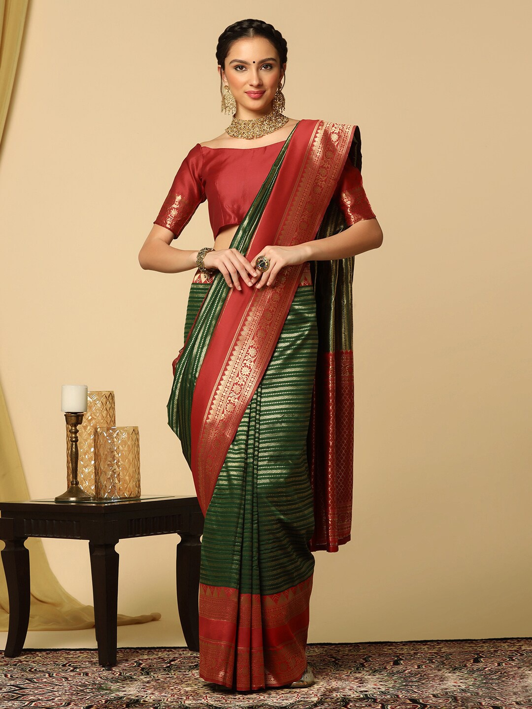 

Mitera Green Ethnic Woven Design Zari Banarasi Saree