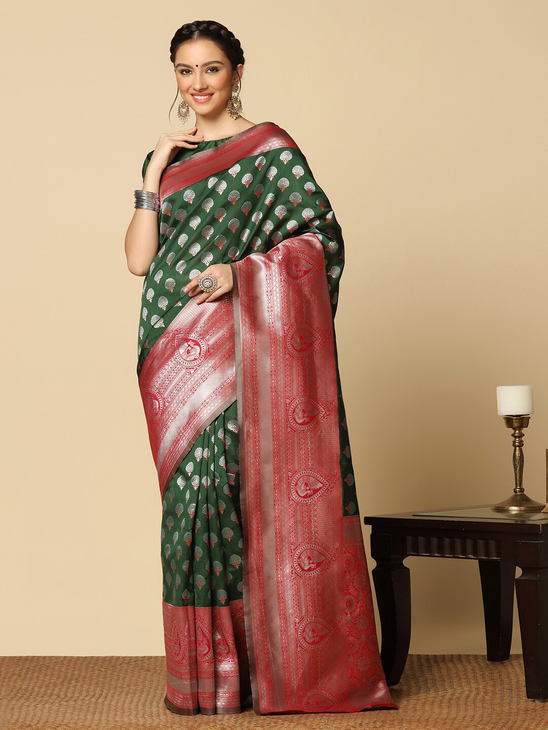 

Mitera Green & Red Ethnic Motifs Woven Design Banarasi Saree