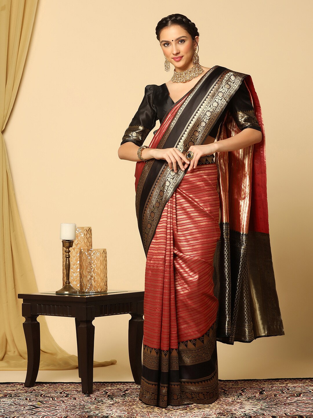 

Mitera Red & Black Ethnic Woven Design Zari Banarasi Saree