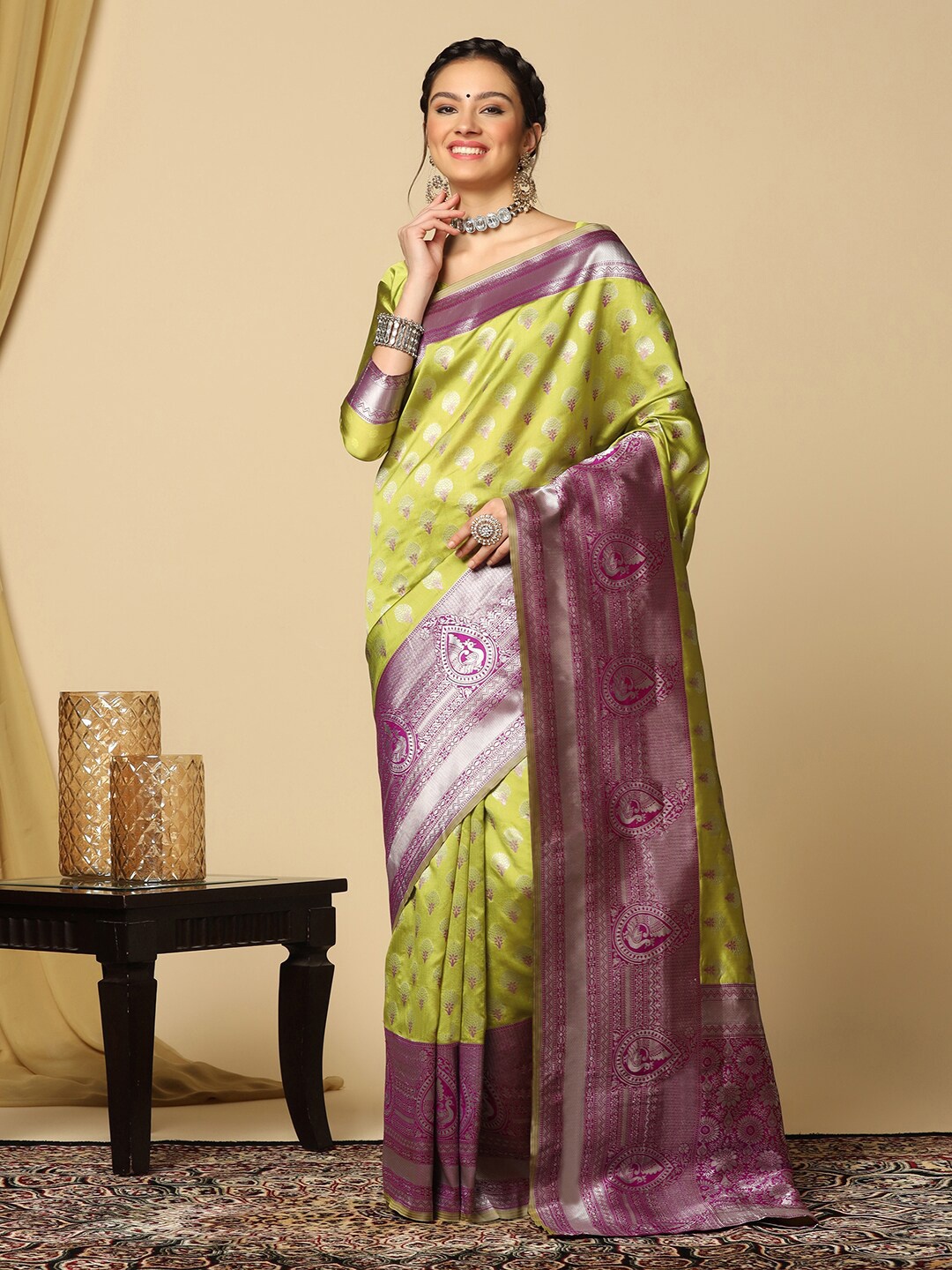 

Mitera Green & Purple Floral Woven Design Zari Banarasi Saree